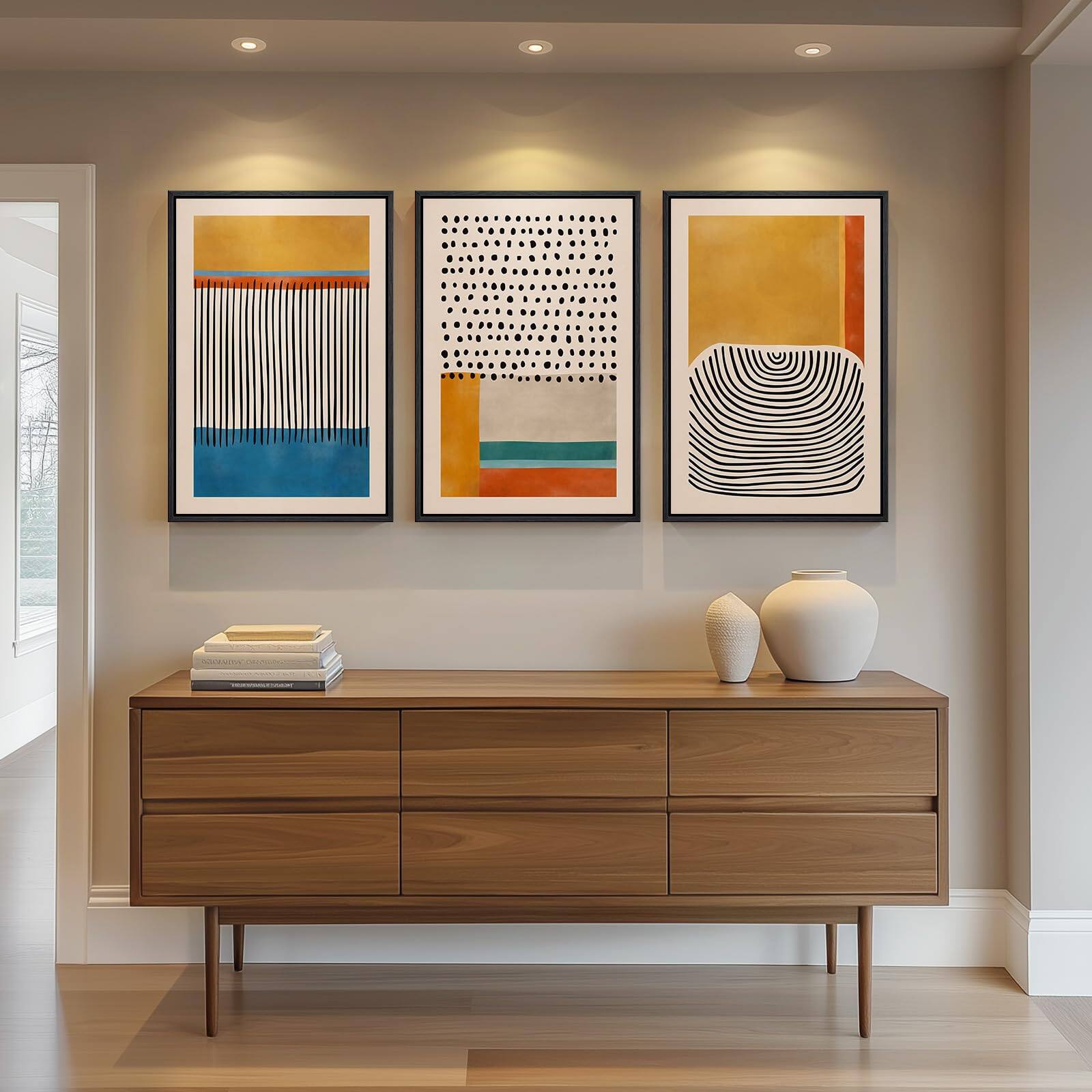 Alt View 7. Hirose Alice - Framed Mid-century Modern Canvas Prints Paintings Artwork for Walls Bright Yellow Block Lines Pictures for - Boho-Beige 16" W x 24" H x 3Pcs.