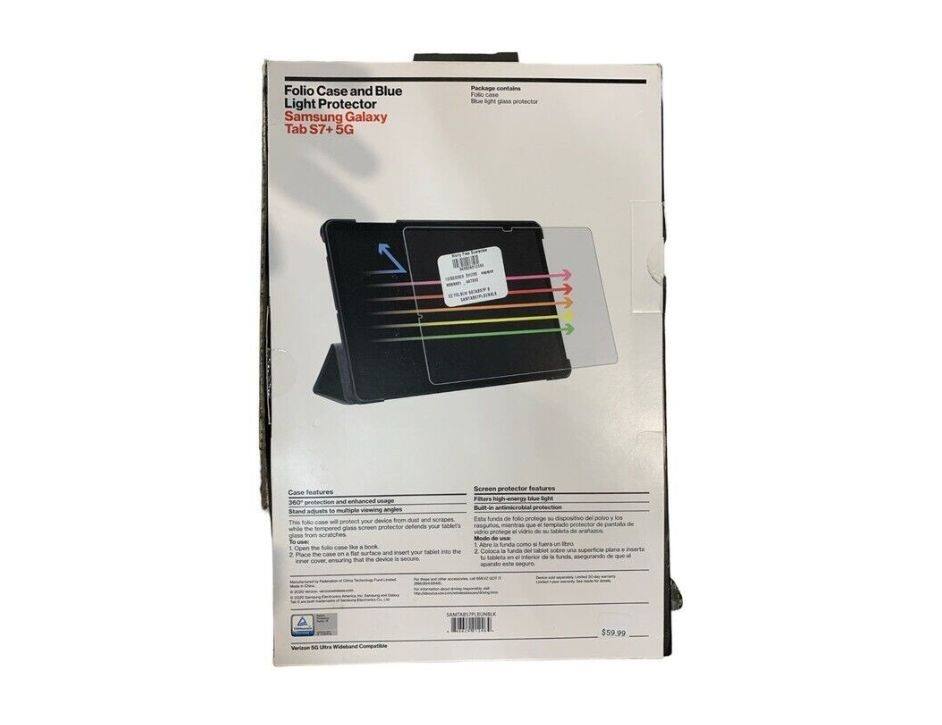 Folio Case and Blue Light Protector  
Samsung Galaxy Tab S7+ 5G  

Package contains:  
- Folio case  
- Blue light glass protector  

Case features:  
- 360° protection  
- Stand and multi-angle support  
- Built-in book stand to protect your tablet from dust and scratches  

Screen protector features:  
- Built-in anti-glare protection  
- Tempered glass screen protector defends your tablet from scratches  

1. Open the folio case and insert your tablet into the case.  
2. Place the screen protector on the tablet's screen.  

$59.99  

Ultra Wideband Compatible