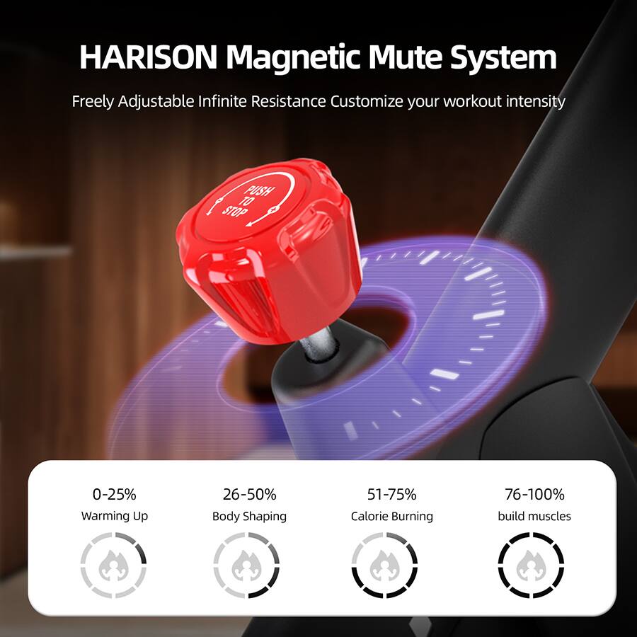 HARISON Magnetic Mute System  
Freely Adjustable Infinite Resistance Customize your workout intensity  

0-25% Warming Up  
26-50% Body Shaping  
51-75% Calorie Burning  
76-100% build muscles