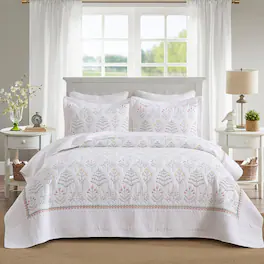 MarCielo - 3Pcs 100% Cotton Botanical Elegance Quilted Bedspread Set - White