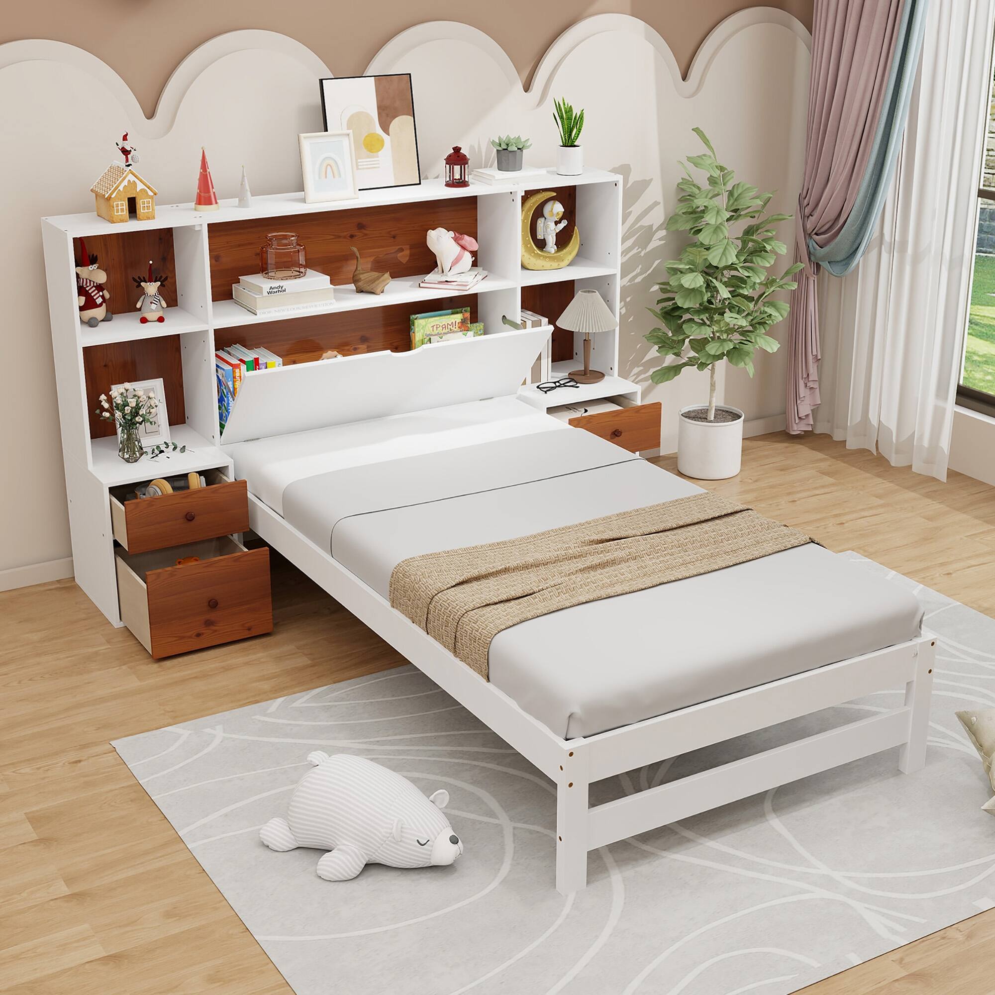 Alt View 3. Gymax - Gymax Twin Bed Frame w/ Storage Headboard & Nightstands 7 Compartments 3 Drawers - White, Brown.