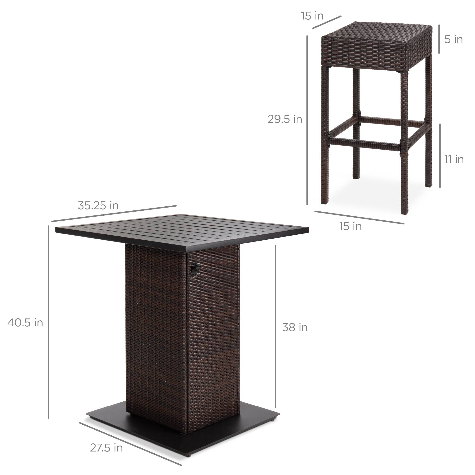 - Table:
  - Length: 35.25 in
  - Width: 38 in
  - Height: 40.5 in
  - Base: 27.5 in

- Stool:
  - Seat: 15 in
  - Seat Height: 5 in
  - Back Height: 11 in
  - Overall Height: 29.5 in
  - Base: 15 in