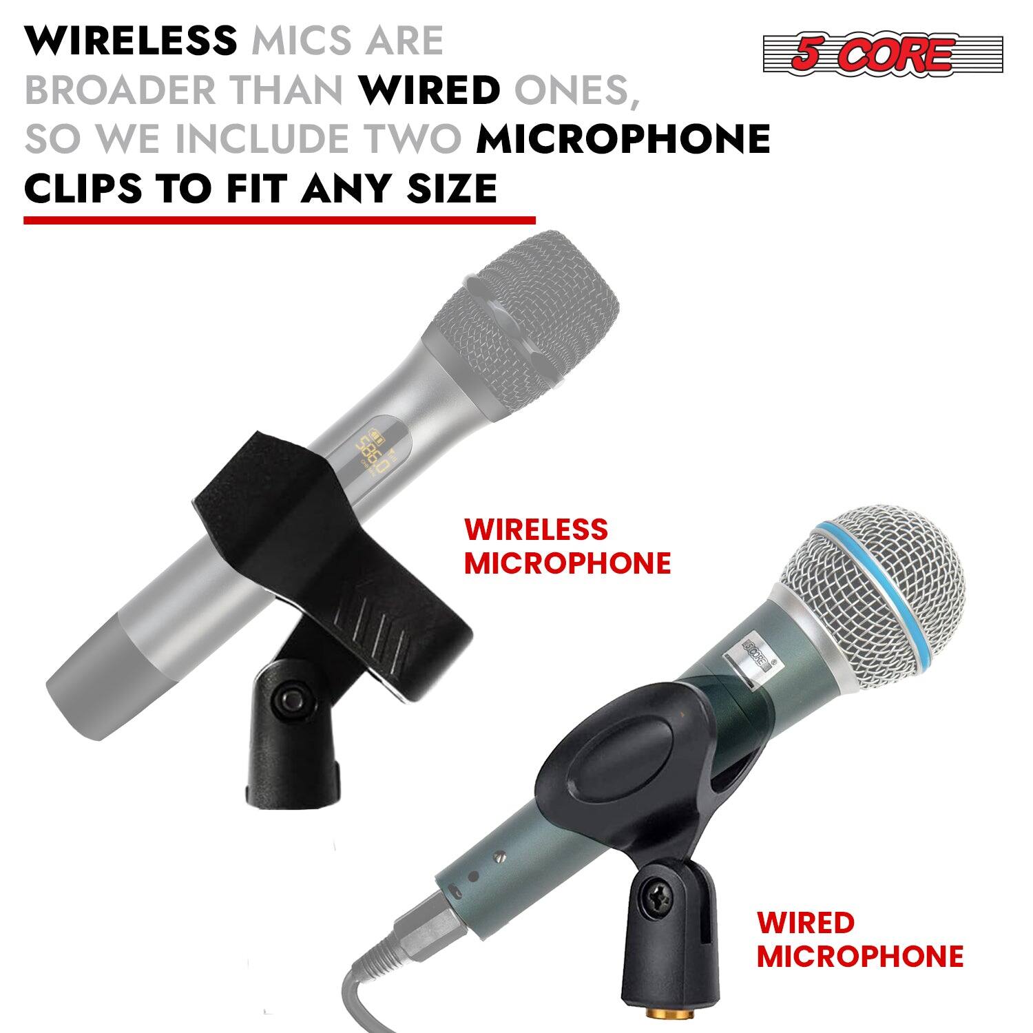 WIRELESS MICS ARE BROADER THAN WIRED ONES, SO WE INCLUDE TWO MICROPHONE CLIPS TO FIT ANY SIZE : 586 O WIRELESS MICROPHONE WIRED MICROPHONE