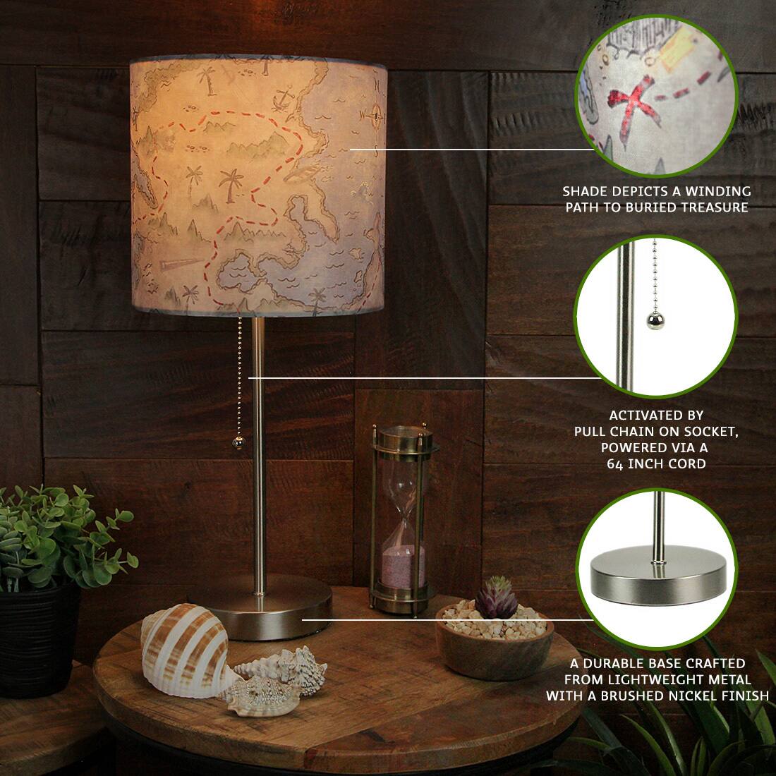 - SHADE DEPICTS A WINDING PATH TO BURIED TREASURE
- ACTIVATED BY PULL CHAIN ON SOCKET, POWERED VIA A 64 INCH CORD
- A DURABLE BASE CRAFTED FROM LIGHTWEIGHT METAL WITH A BRUSHED NICKEL FINISH