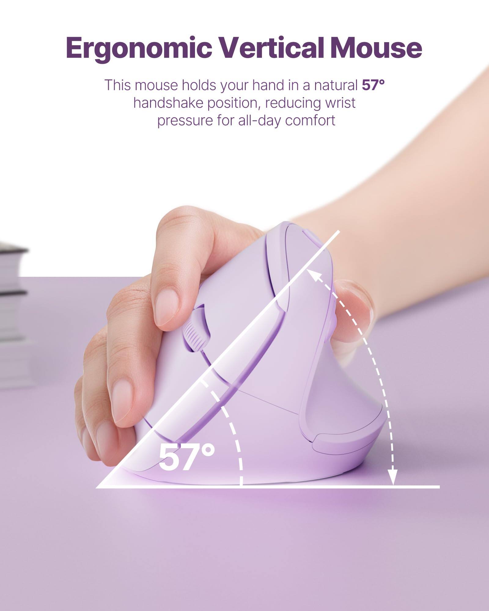 Ergonomic Vertical Mouse

This mouse holds your hand in a natural 57° handshake position, reducing wrist pressure for all-day comfort.