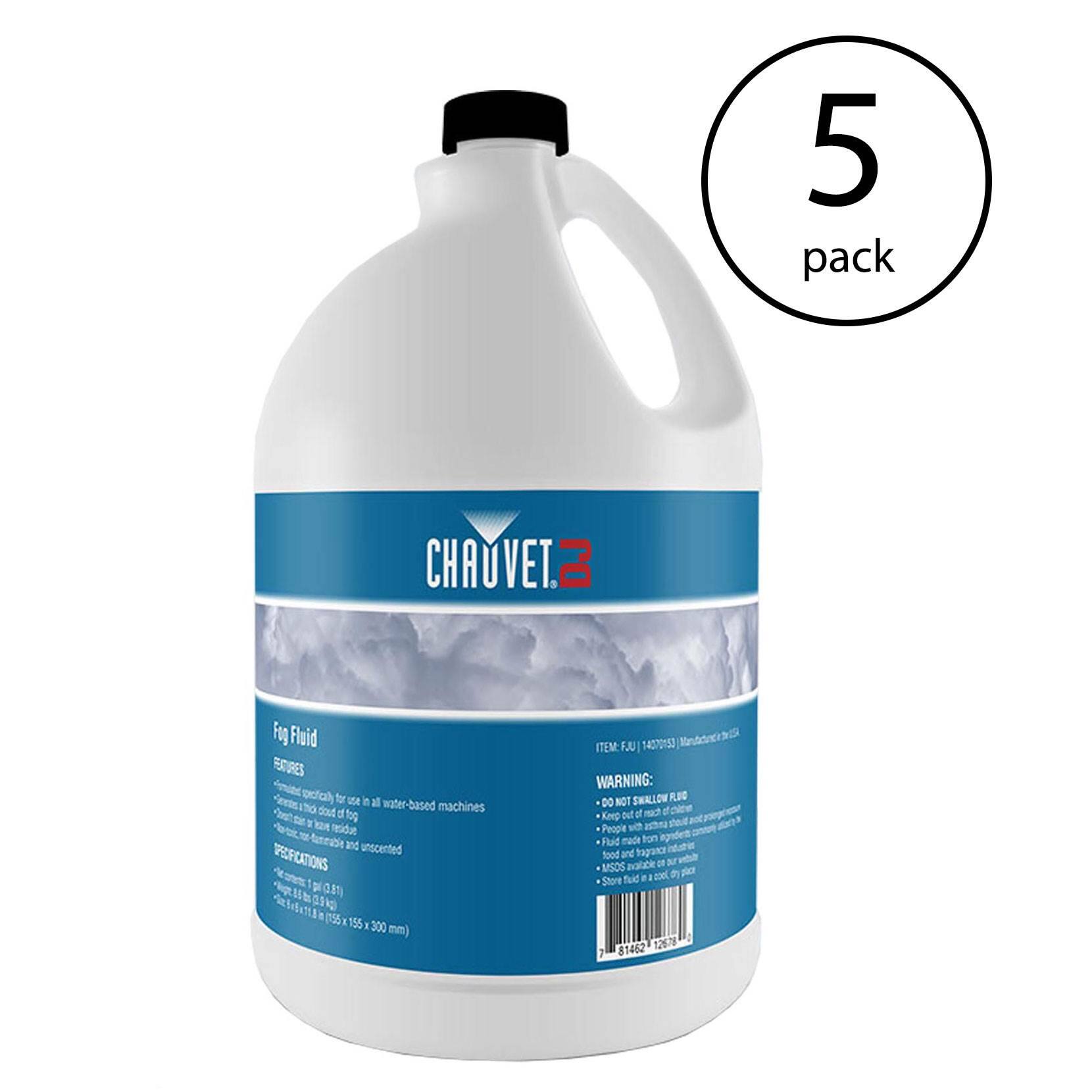 5 pack

CHAUVEZ

Fog Fluid

FEATURES:
- Compatible for use in all water-based machines
- Creates a thick, dense cloud of fog
- Leaves no residue
- Unscented

SPECIFICATIONS:
- 1 gal (3.78 L)
- 128 fl oz (3.78 L)
- 155 x 300 ml

ITEM: FJU 54070n53

WARNING:
- DO NOT SWALLOW FOG FLUID
- Keep out of reach of children
- People with asthma or respiratory problems should avoid use
- Fluid made in the USA
- Store fluid in a cool, dry place

MSDS available on our website

51462 1274