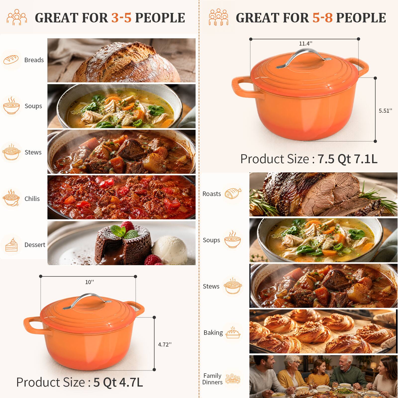 GREAT FOR 3-5 PEOPLE

- Breads
- Soups
- Stews
- Chilis
- Dessert

Product Size: 5 Qt 4.7L

GREAT FOR 5-8 PEOPLE

- Roasts
- Soups
- Stews
- Baking
- Family Dinners

Product Size: 7.5 Qt 7.1L