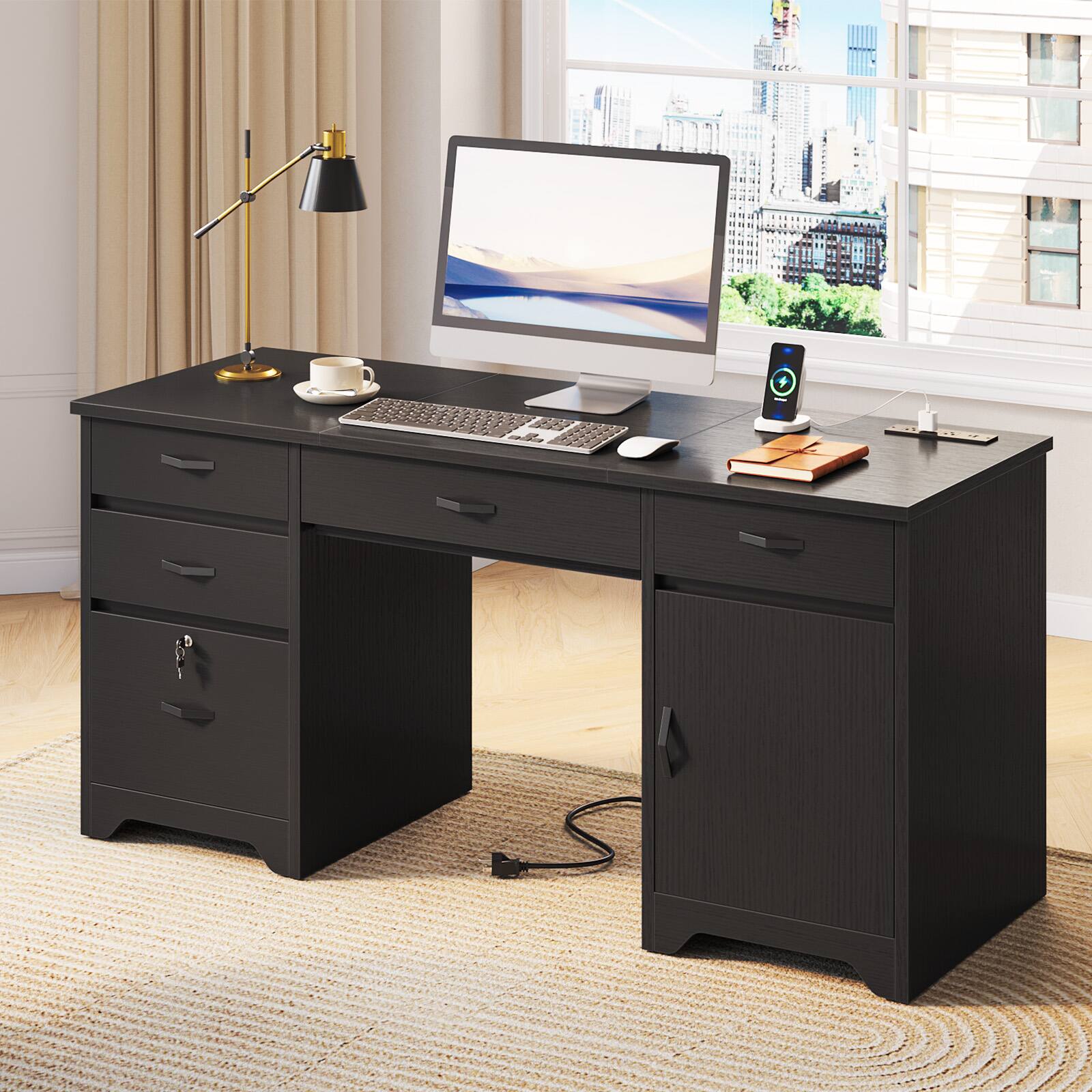 Left. Bestier - 59-inch Office Desk with Charging station, File Drawers & Cabinets for Study & Bedroom - Black.