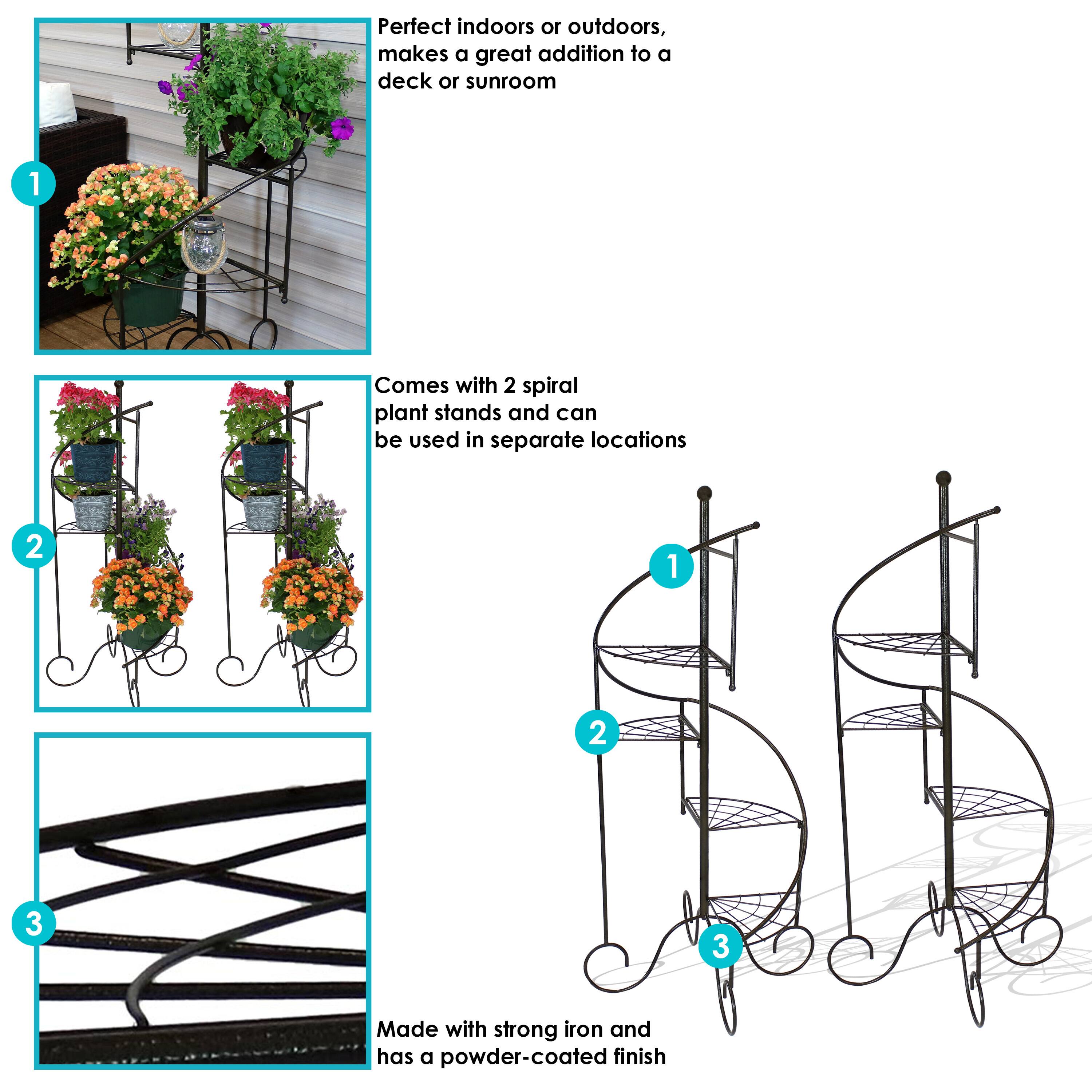 1. Perfect indoors or outdoors, makes a great addition to a deck or sunroom.

2. Comes with 2 spiral plant stands and can be used in separate locations.

3. Made with strong iron and has a powder-coated finish.