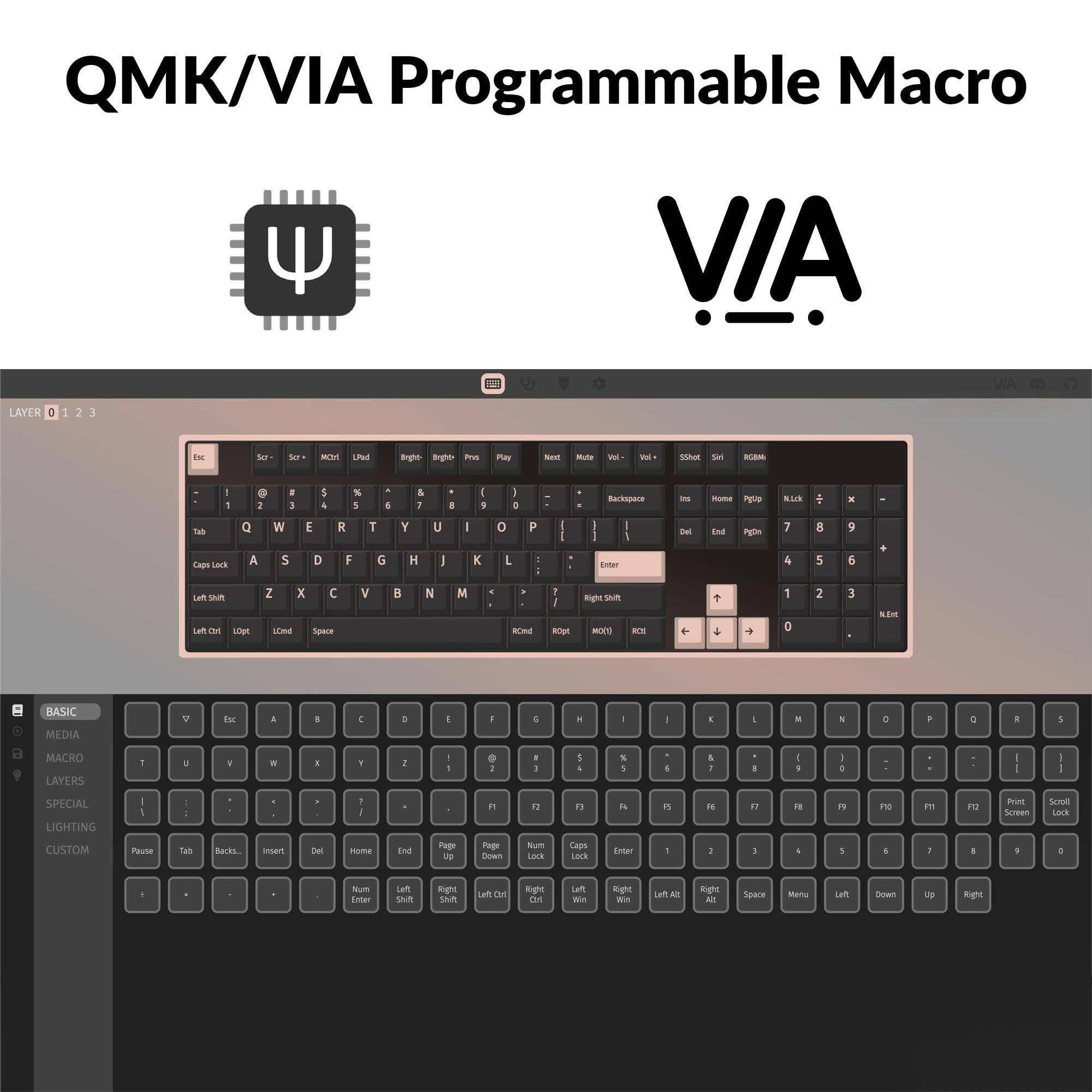 QMK/VIA Programmable Macro

VIA

LAYER 0 1 2 3

Esc 1 2 3 4 5 6 7 8 9 0 - = Backspace Ins Home PgUp PgDn Delete

Tab Q W E R T Y U I O P [ ] \

Caps Lock A S D F G H J K L ; ' Return

Shift Z X C V B N M , . / Shift

Fn Left Ctrl Left Alt Spacebar Right Alt Menu

BASIC MEDIA MACRO LAYERS 1 2 3 4 5 6 7 8 9 0 - = Backspace Ins Home PgUp PgDn Delete

Pause Tab Backspace Insert Delete Home End Page Up Page Down Num Lock

SPECIAL LIGHTING CUSTOM

Print Screen Scroll Lock Pause

Enter

Right Shift

Right Ctrl

Right Alt

Space

Menu

Left Alt

Left Ctrl

Left Shift

Right Shift

Right Ctrl

Right Alt

Space

Menu

Left Alt

Left Ctrl

Left Shift

Right Shift

Right Ctrl

Right Alt

Space

Menu

Left Alt

Left Ctrl

Left Shift

Right Shift

Right Ctrl

Right Alt

Space

