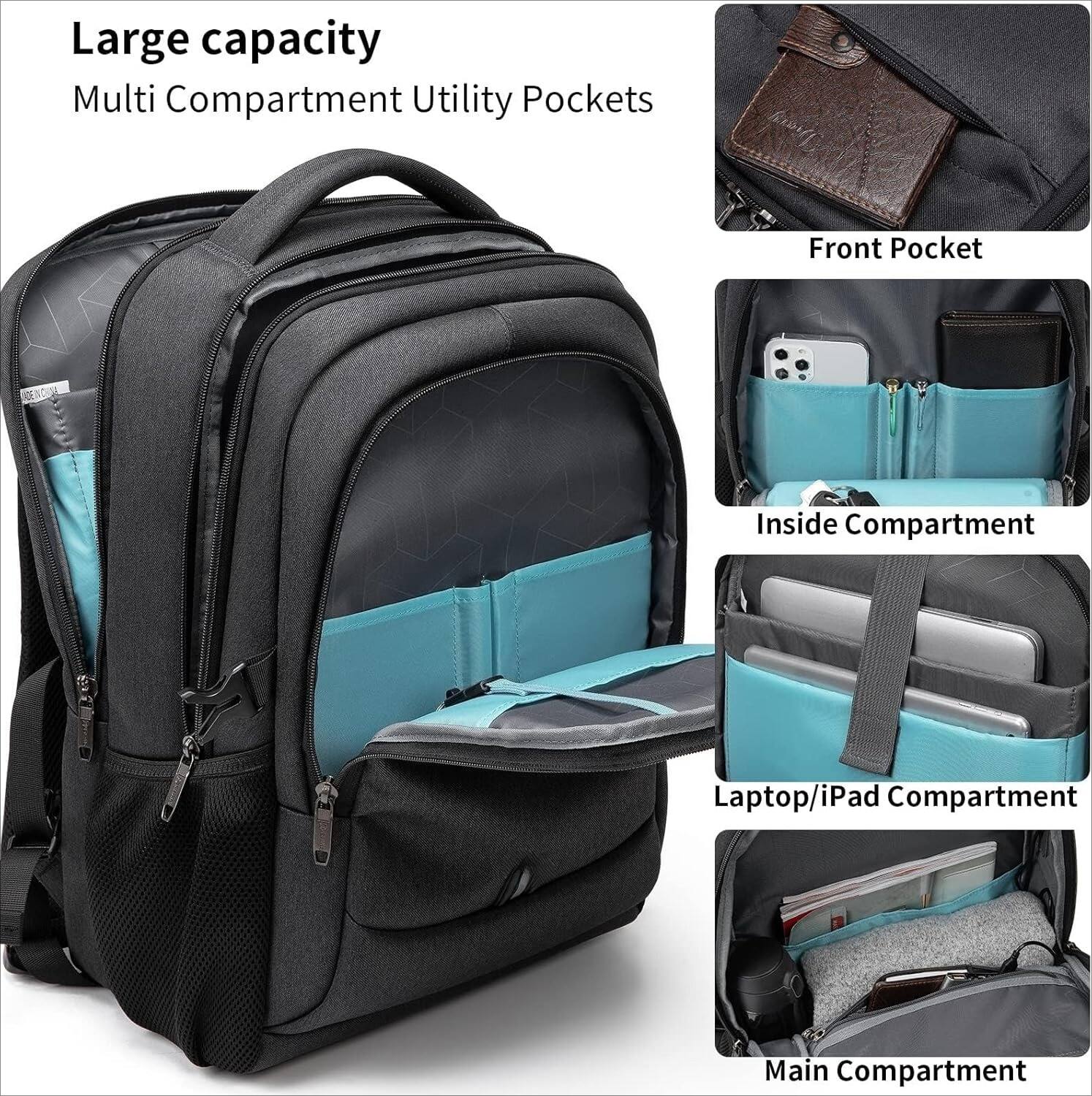 Large capacity  
Multi Compartment Utility Pockets  
Front Pocket  
Inside Compartment  
Laptop/iPad Compartment  
Main Compartment