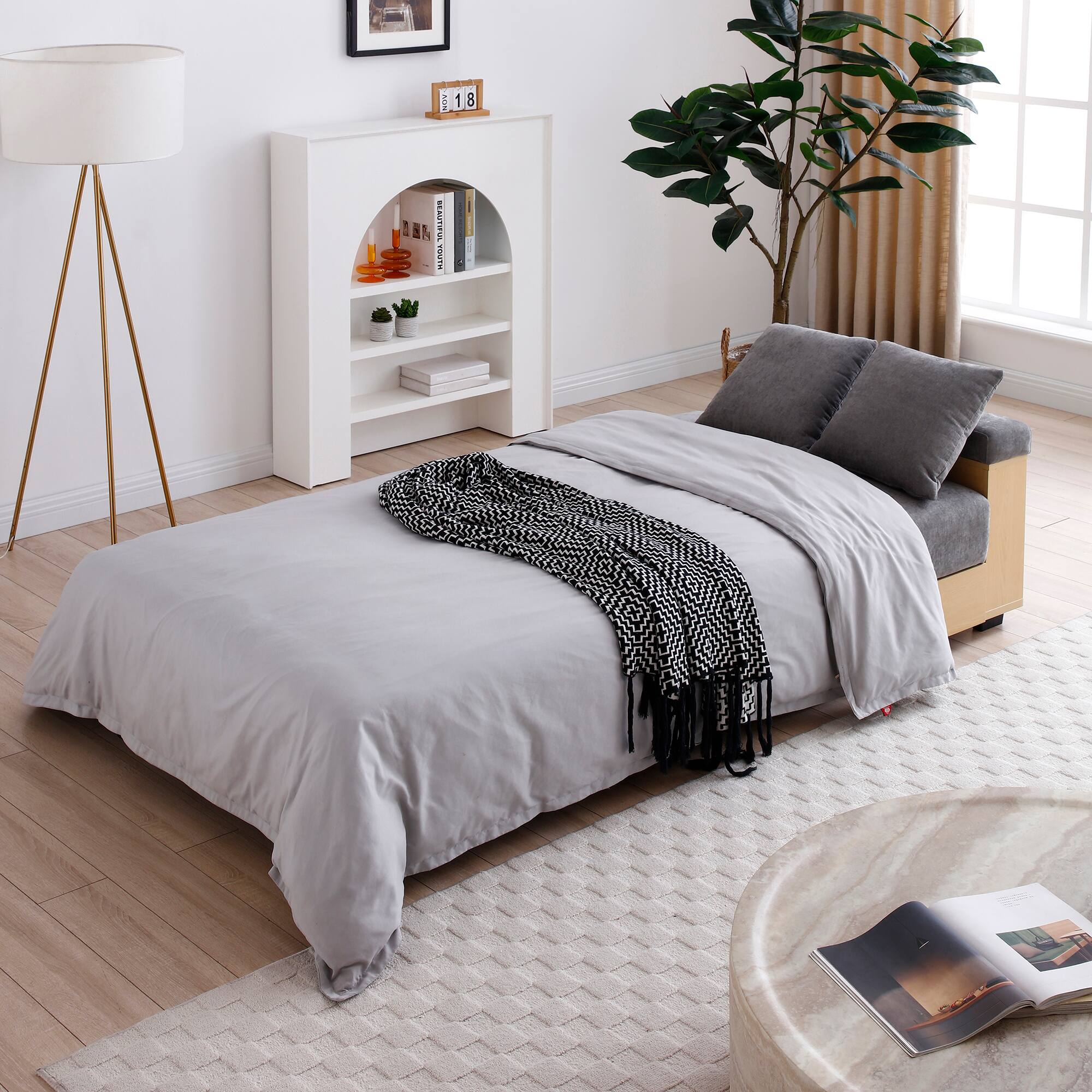 Left. TinyHomie - Convertible Sleeper Sofa Couch Multifunctional Double Folding Sofa Bed Storage Ottoman and Sofa arm - Grey.