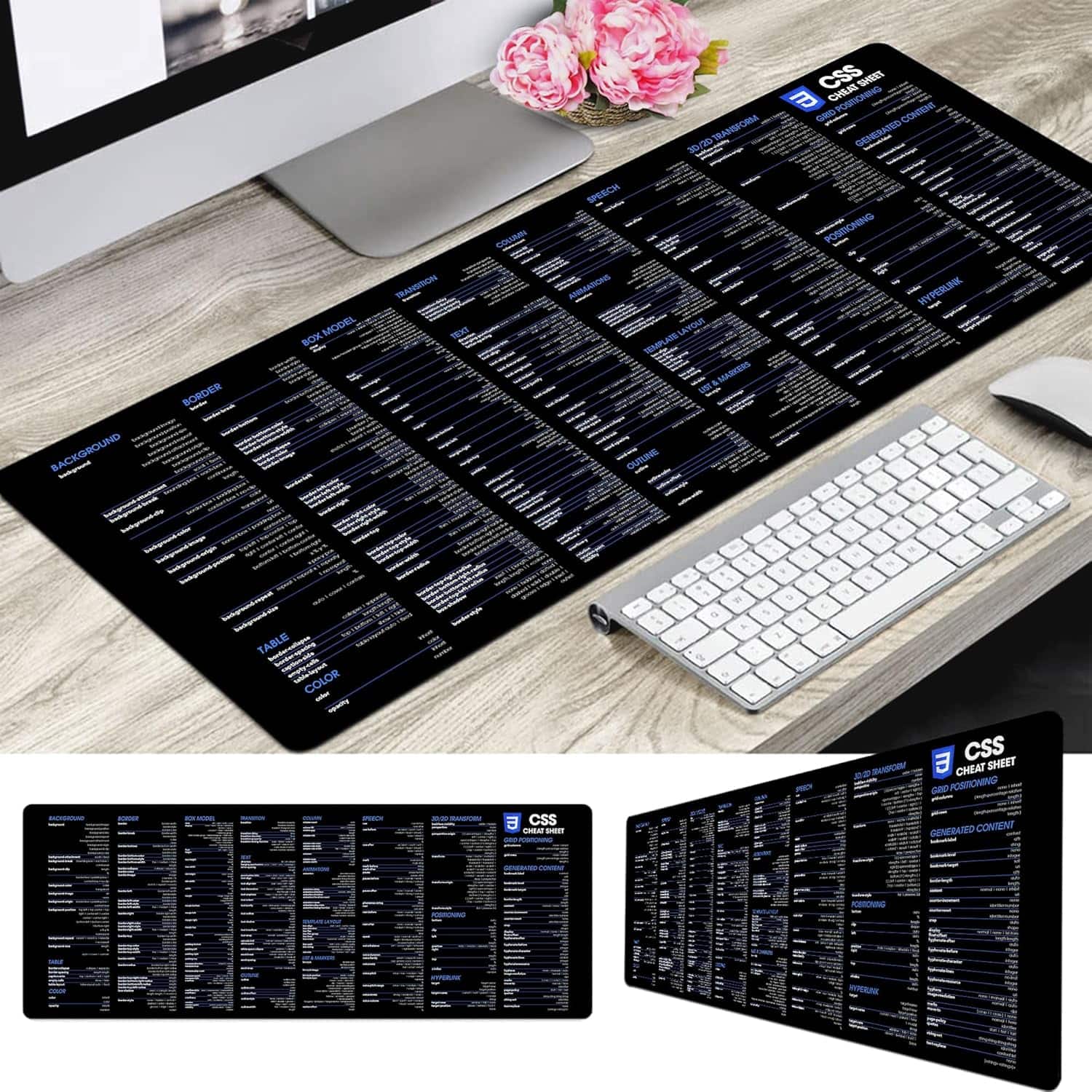 Sure, here is the corrected and grouped text from the image:

---

**CSS CHEATSHEET**

**BOX MODEL**
- border
- margin
- padding
- width
- height
- box-sizing
- border-radius
- box-shadow

**BACKGROUND**
- background-color
- background-image
- background-position
- background-size
- background-repeat
- background-attachment
- background-origin
- background-clip

**POSITIONING**
- position
- top
- right
- bottom
- left
- z-index

**COLOR**
- color
- opacity
- filter

**GENERATED CONTENT**
- content
- counter-increment
- counter-reset

**TABLE**
- display
- border-collapse
- border-spacing
- caption-side
- border-style
- border-width
- border-color
- border-radius
- border-spacing
- border-collapse
- table-layout
- width
- height
- margin
- padding
- background
- color
- font
- text-align
- vertical-align
- border
- border-top
- border-right
- border-bottom
- border-left
- border-top-color
- border-right-color
- border-bottom-color
- border-left-color
- border