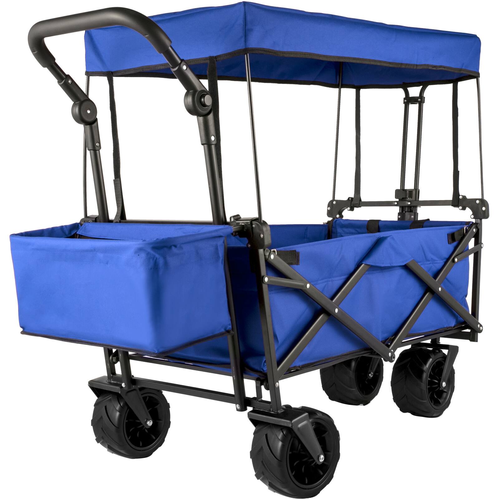 Front. VEVOR - Extra Large Collapsible Garden Cart with Removable Canopy, Folding Wagon Utility Carts with Wheels and Rear Storage - Blue.