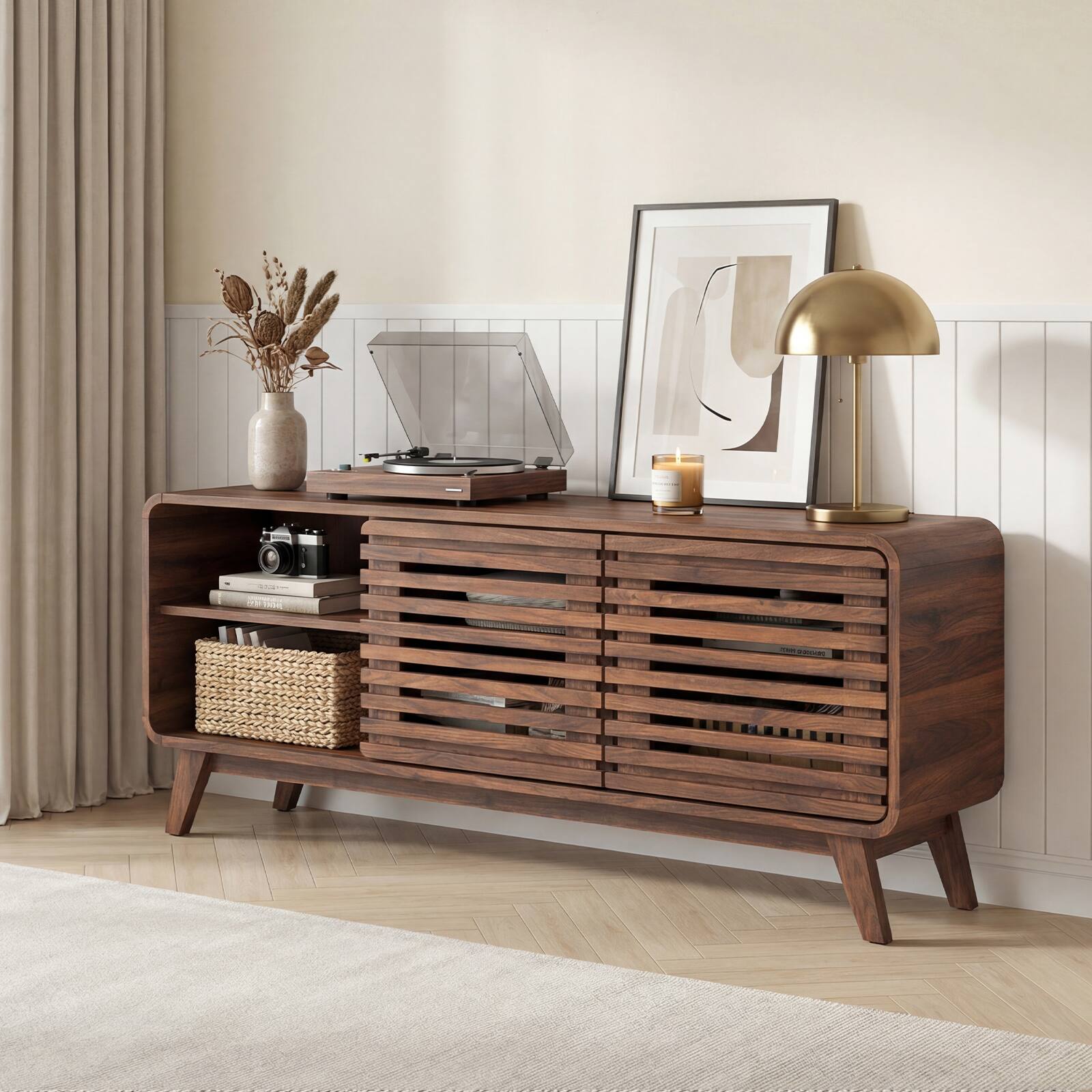 Alt View 3. Gymax - Gymax TV Stand  Mid Century Modern Entertainment Center w/ Grille-style Sliding Doors - Brown.