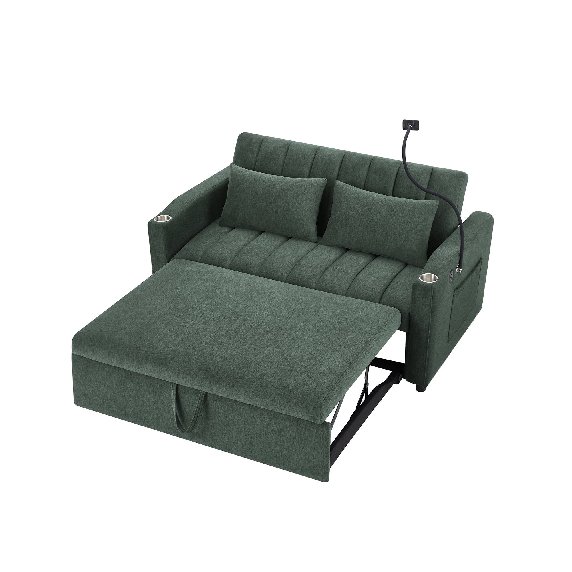 Angle. Whisen - Convertible Sofa Bed Loveseat Sofa with Three USB Ports,Cup Holders,360°Swivel Phone Holder and Adjustable Backrest - Green.