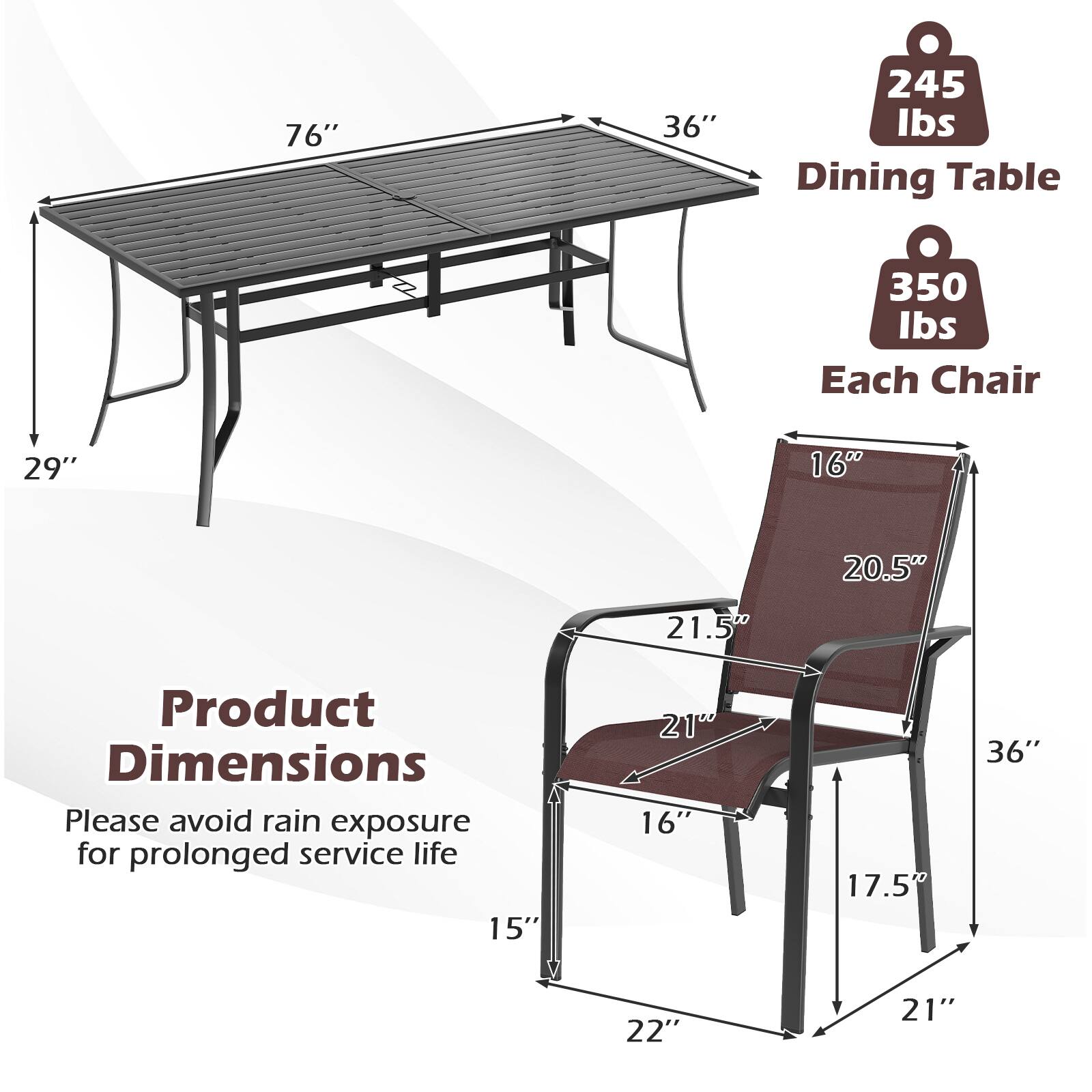76" x 36" Dining Table (245 lbs capacity)  
Each Chair: 29" x 16" x 20.5" x 21.5" x 17.5" x 21" x 22" (350 lbs capacity)  

Product Dimensions  
Please avoid rain exposure for prolonged service life