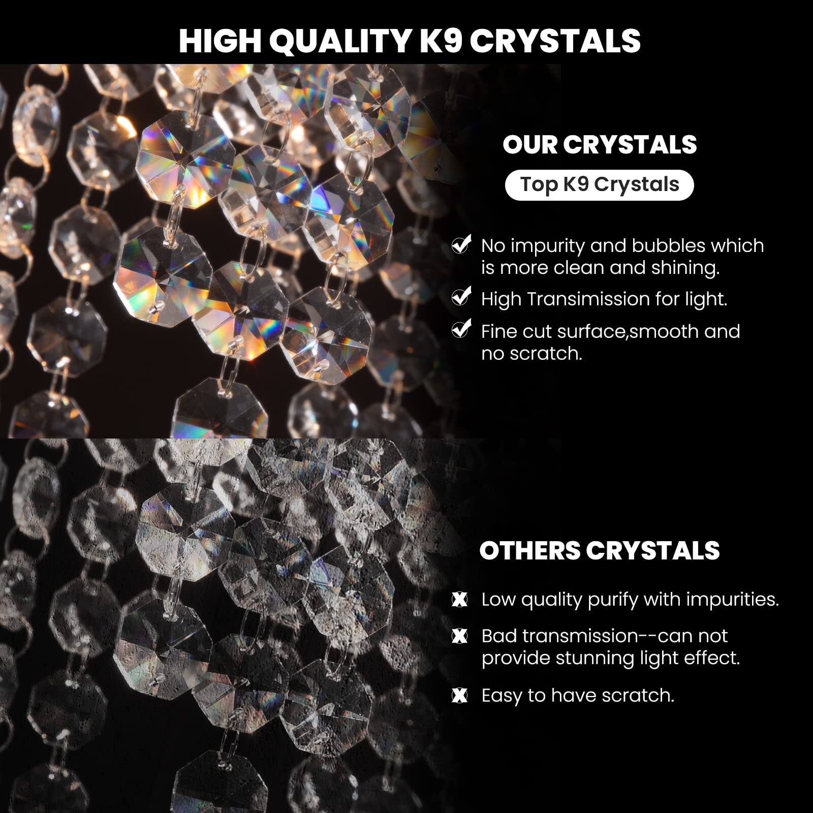 **HIGH QUALITY K9 CRYSTALS**

**OUR CRYSTALS**

- Top K9 Crystals
  - No impurity and bubbles which is more clean and shining.
  - High Transmission for light.
  - Fine cut surface, smooth and no scratch.

**OTHERS CRYSTALS**

- Low quality purify with impurities.
- Bad transmission—can not provide stunning light effect.
- Easy to have scratch.