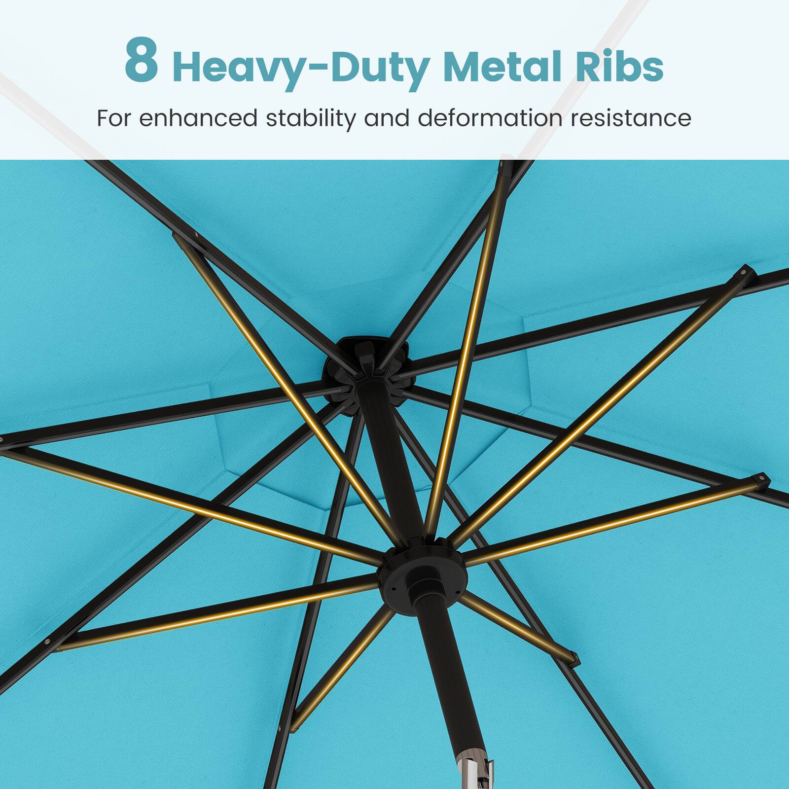 8 Heavy-Duty Metal Ribs  
For enhanced stability and deformation resistance