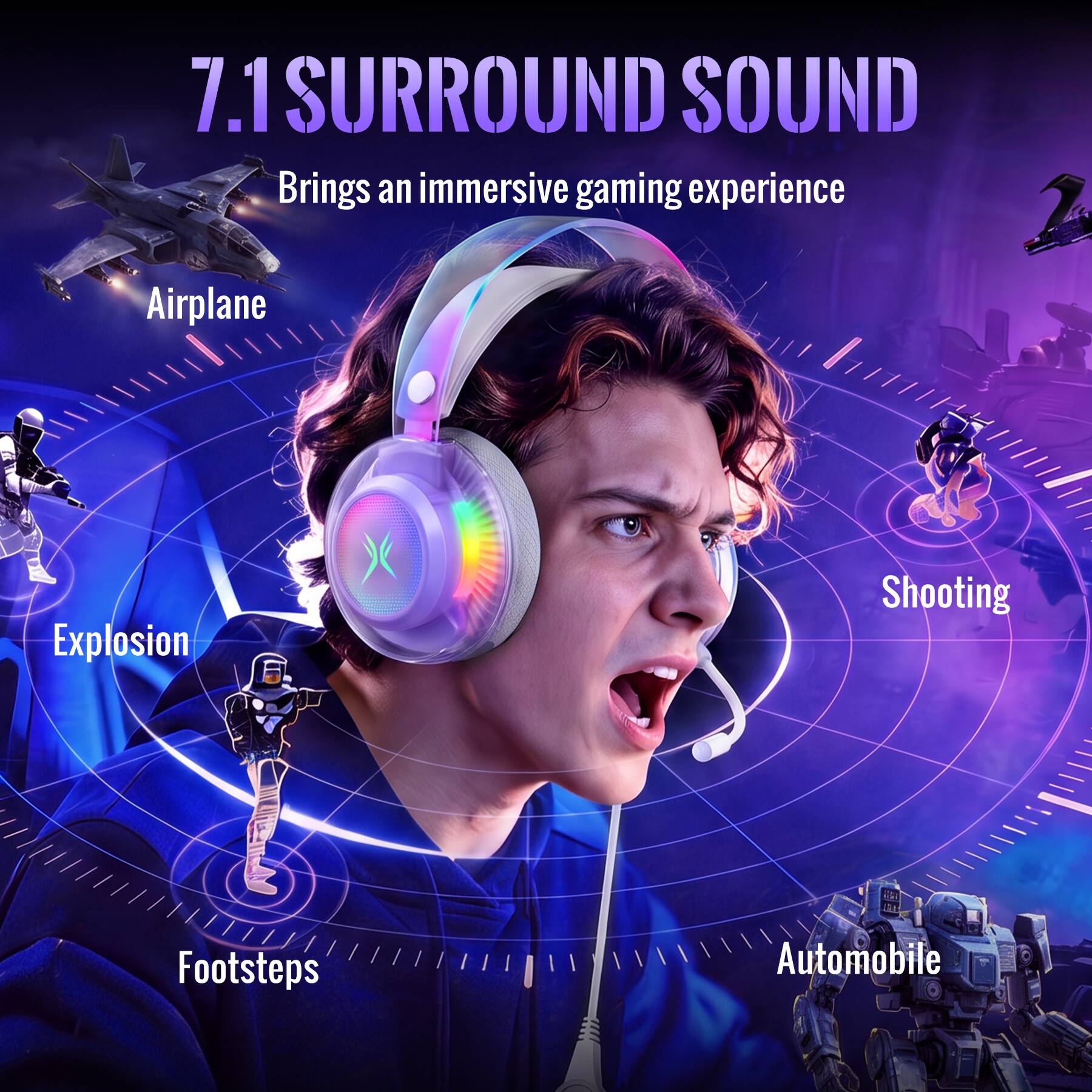 7.1 SURROUND SOUND  
Brings an immersive gaming experience  
Airplane  
Explosion  
Shooting  
Footsteps  
Automobile