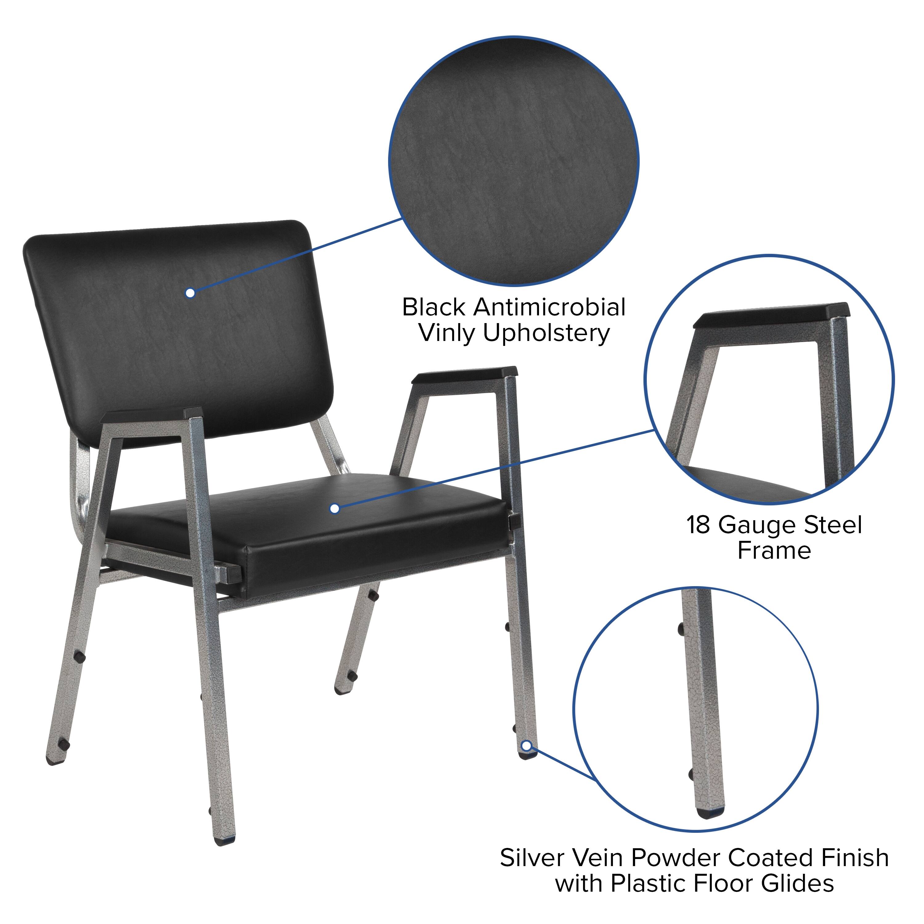 Black Antimicrobial Vinyl Upholstery  
18 Gauge Steel Frame  
Silver Vein Powder Coated Finish with Plastic Floor Glides
