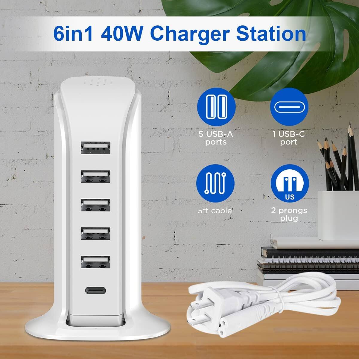 6in1 40W Charger Station

- 5 USB-A ports
- 1 USB-C port
- 5ft cable
- US 2 prongs plug