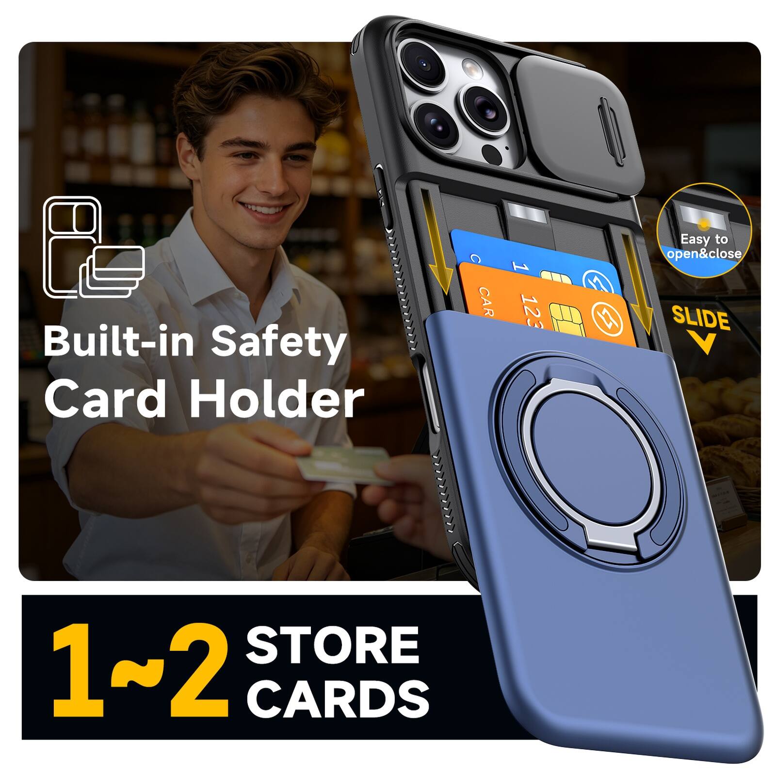 Built-in Safety Card Holder  
CAR 1 123  
Easy to open&close  
SLIDE STORE 1~2 CARDS