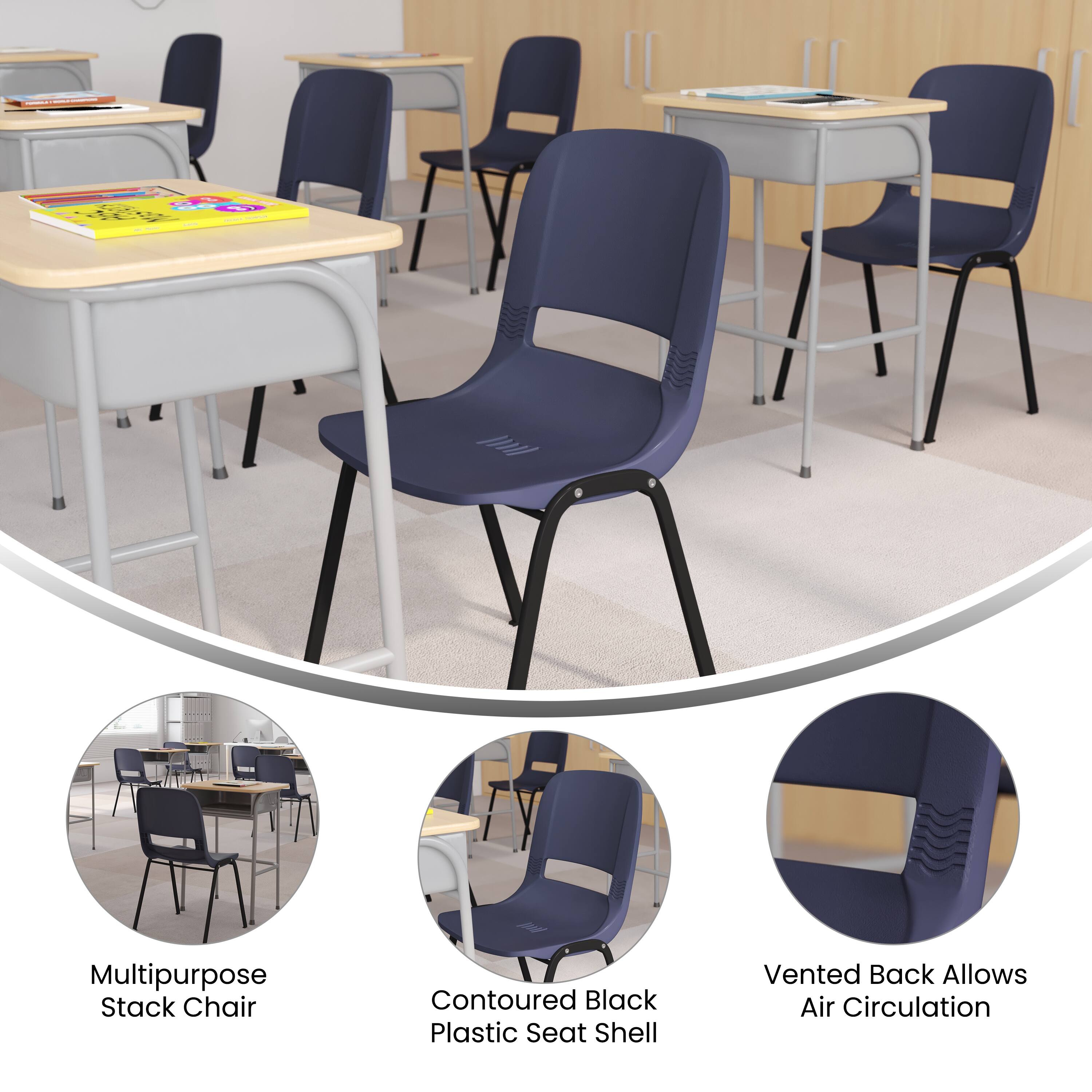 - Multipurpose Stack Chair
- Contoured Black Plastic Seat Shell
- Vented Back Allows Air Circulation