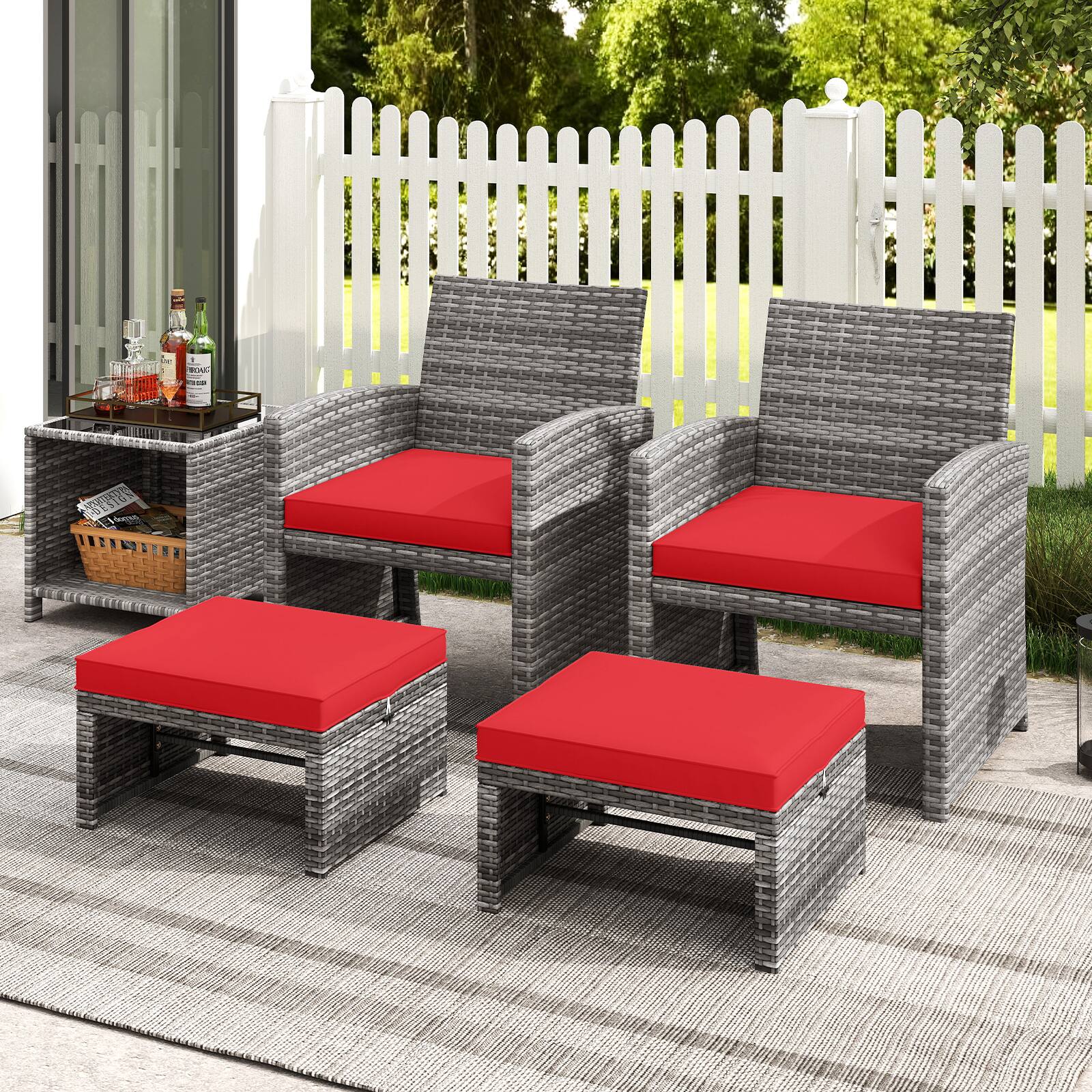 Alt View 7. Gymax - Gymax 2 Pieces Patio PE Rattan Ottomans with Soft Zippered Cushions for Deck Red - Red.