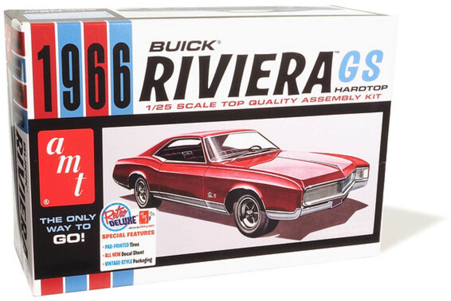 BUICK 1966 RIVIERA GS HARDTOP ASSEMBLY KIT  
1/25 SCALE TOP QUALITY  
a m t  
THE ONLY WAY TO GO!  
RETRO DELUXE  
SPECIAL FEATURES:  
- PAD-PRINTED TIRES  
- ALL NEW DECAL SHEET  
- VINTAGE-STYLE PACKAGING