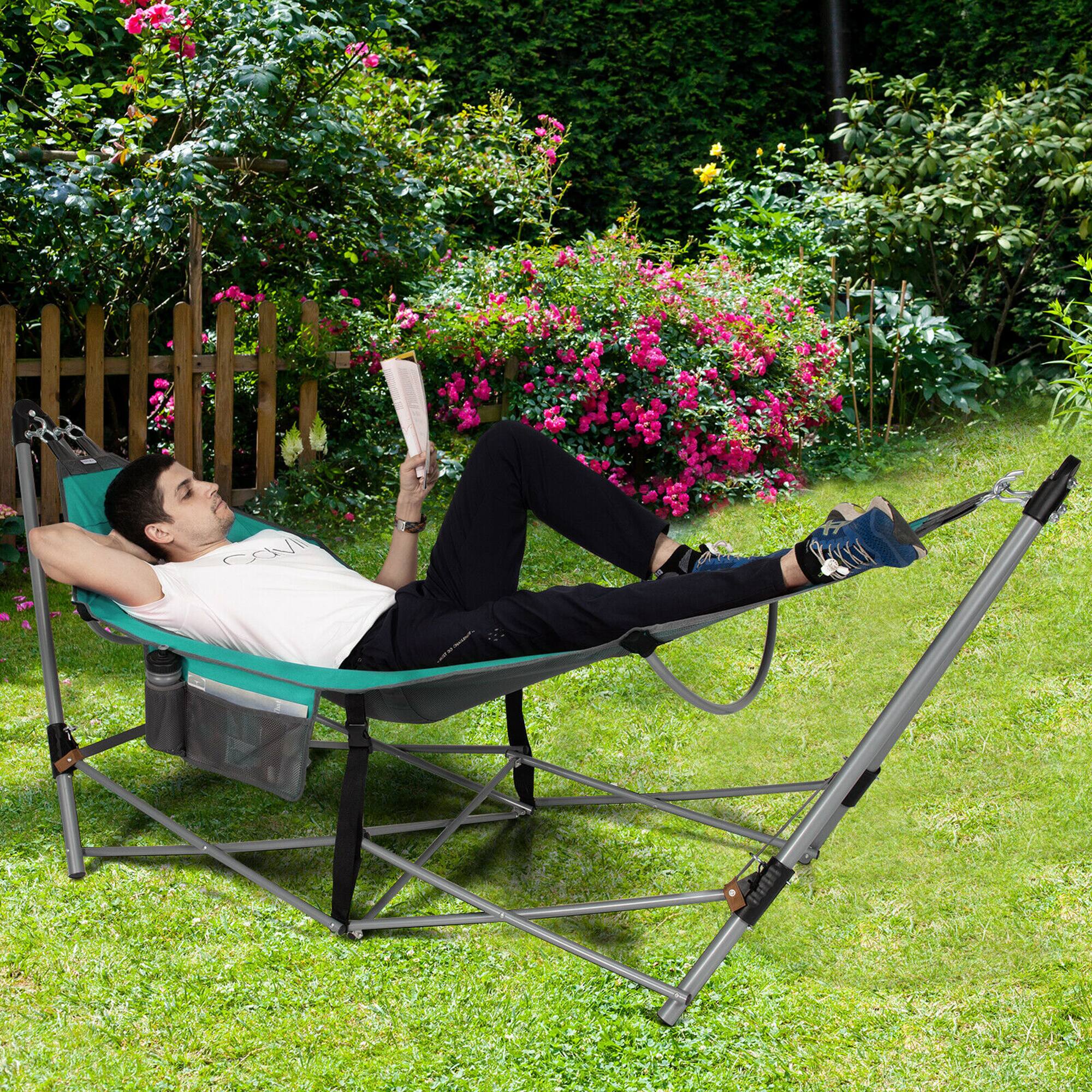 Alt View 3. Costway - Costway Folding Hammock Indoor & Outdoor Hammock with Side Pocket & Iron Stand - Turquoise.