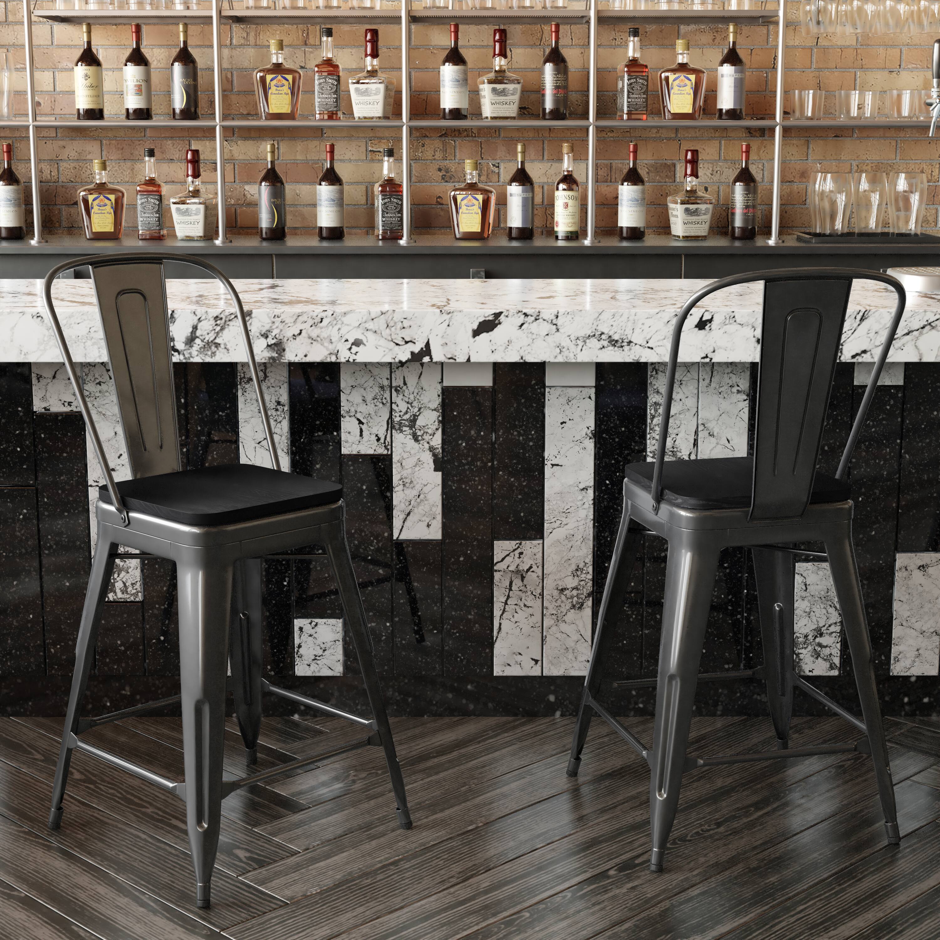 Alt View 3. Emma + Oliver - Kam Metal Indoor-Outdoor Stool with Removable Back and All-Weather Polystyrene Seat - Black Seat/Black Frame.