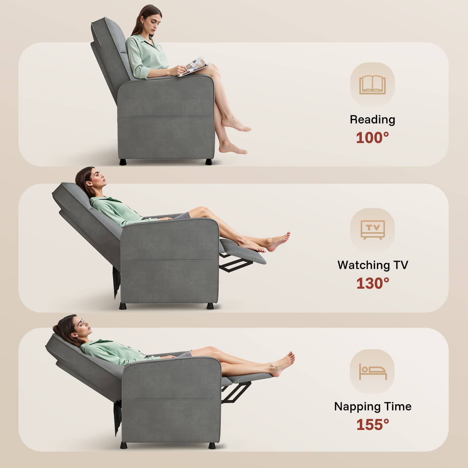 Reading 100°, Watching TV 130°, Napping Time 155°