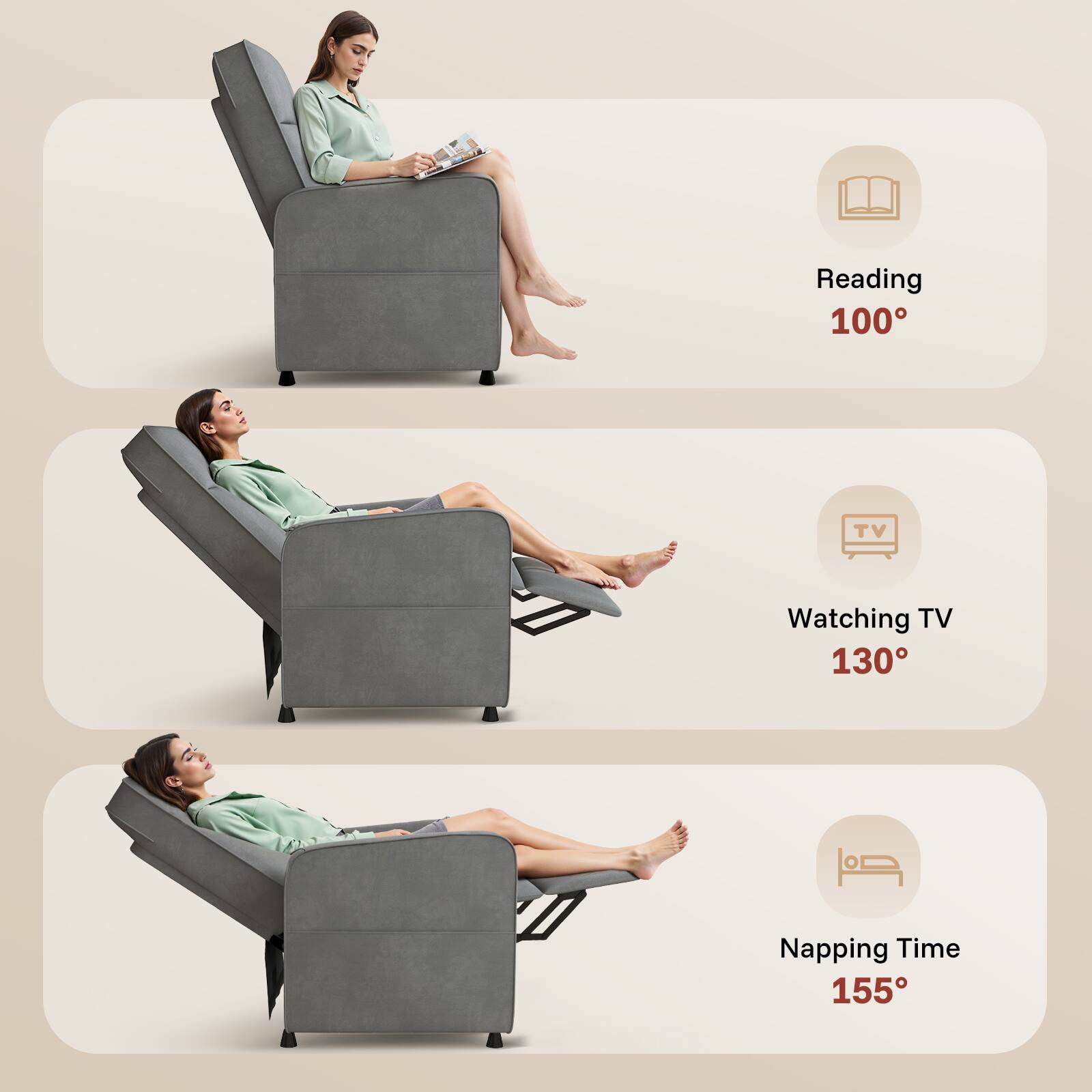 Reading 100°, Watching TV 130°, Napping Time 155°