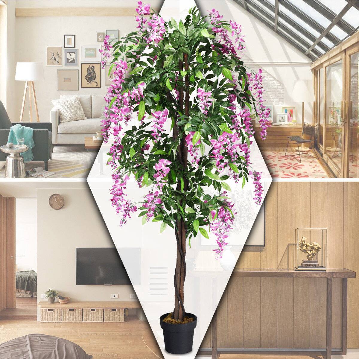 Alt View 1. Gymax - Gymax Artificial Wistera Silk Tree Pink Flower 6 Feet Home Holiday Decor - Green.