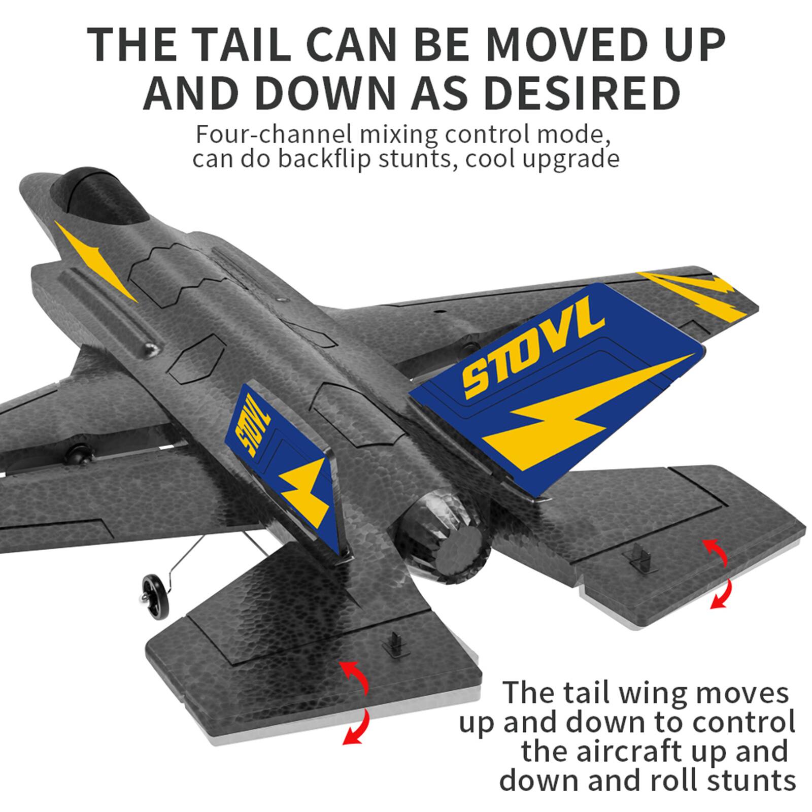 THE TAIL CAN BE MOVED UP AND DOWN AS DESIRED

Four-channel mixing control mode, can do backflip stunts, cool upgrade

STOVL

The tail wing moves up and down to control the aircraft up and down and roll stunts