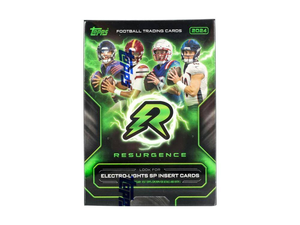 TOPPS FOOTBALL TRADING CARDS 2024  
RESURGENCE  
LOOK FOR ELECTRO-LIGHTS SP INSERT CARDS  
ESSENTIAL. VISIT TOPPS.COM/NPP FOR DETAILS AND ENTRY