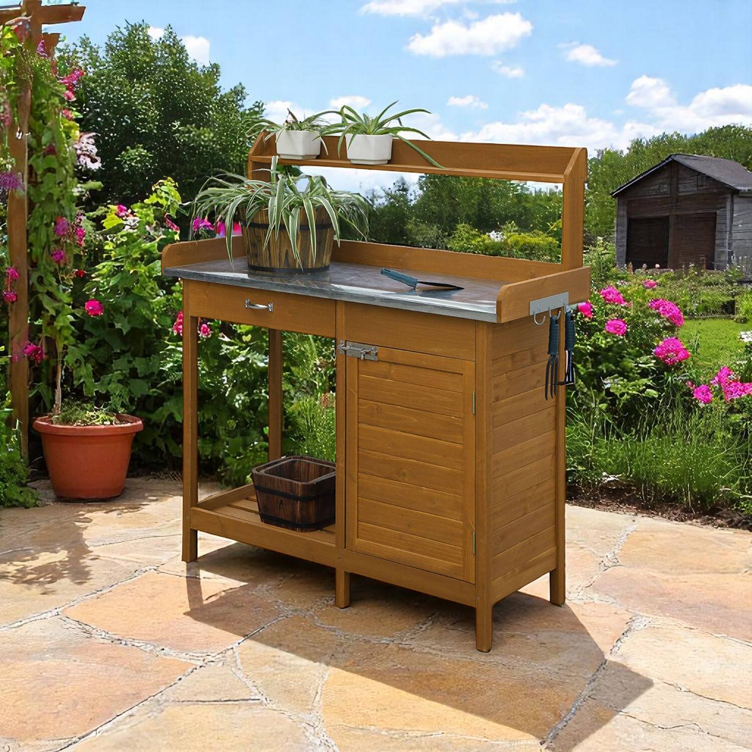 Angle. SlickBlue - Home Garden Potting Bench with Metal Top and Built In Storage Cabinet - Red Cedar.