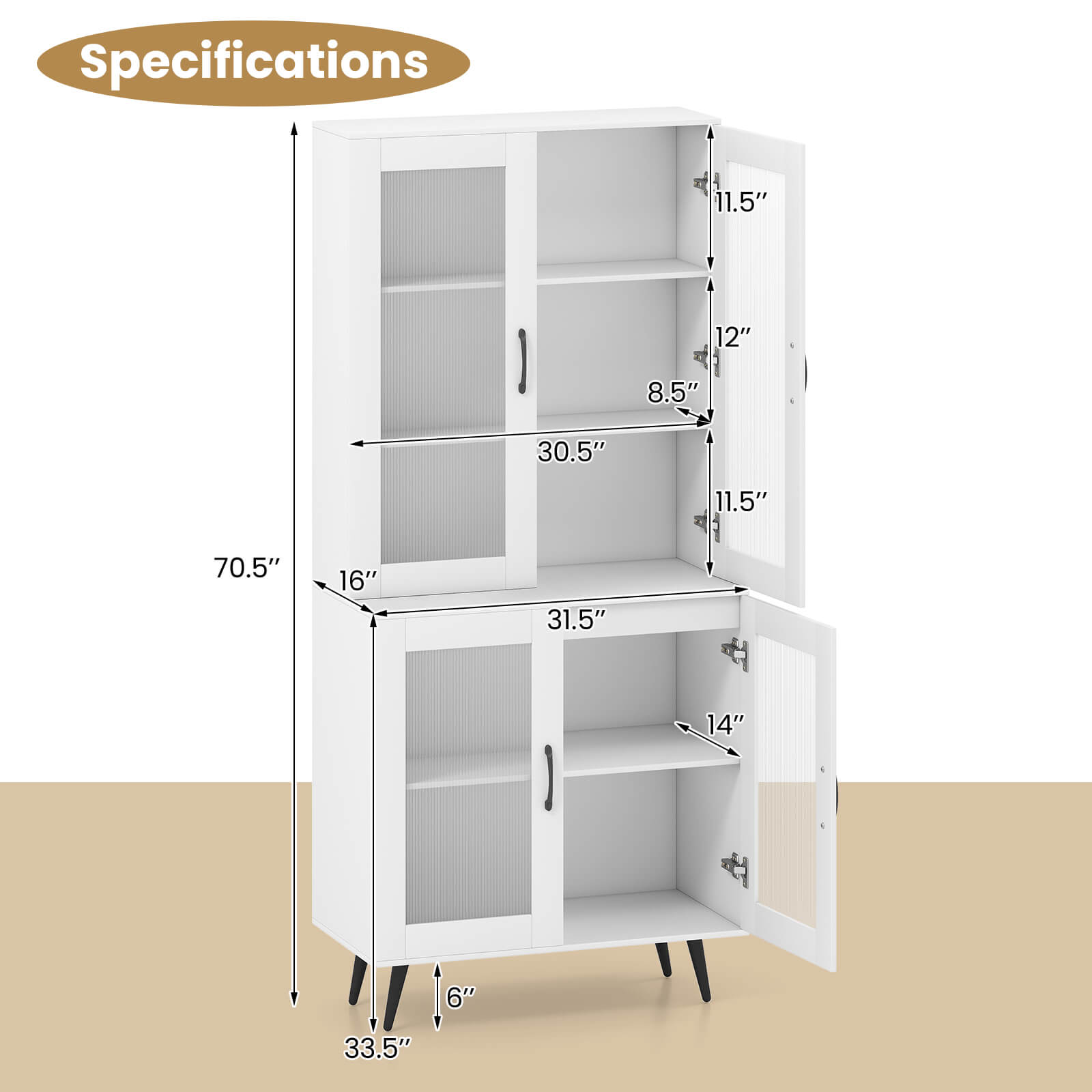 Specifications

- Height: 70.5"
- Width: 33.5"
- Depth: 16"
- Top Shelf: 31.5" x 14"
- Middle Shelf: 30.5" x 11.5"
- Bottom Shelf: 30.5" x 11.5"
- Door Height: 12"
- Door Width: 8.5"
- Door Thickness: 11.5"
