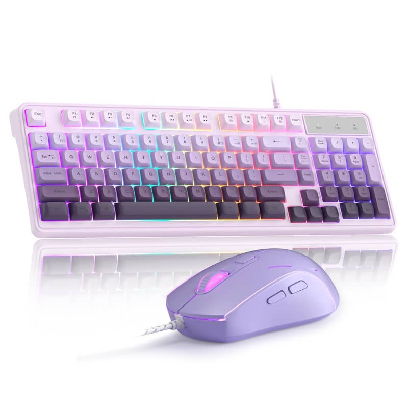 Luckbyte - Wired RGB Gaming Keyboard and Mouse Set - Gradient 98-Key Compact Design with Adjustable DPI Mouse - Purple