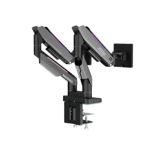 MSI - MT201DR V2 Dual Monitor Arm – Adjustable Gas Spring Desk Mount, VESA Compatible, 17–35in, 44 lbs, Clamp & Grommet - Iron Gray