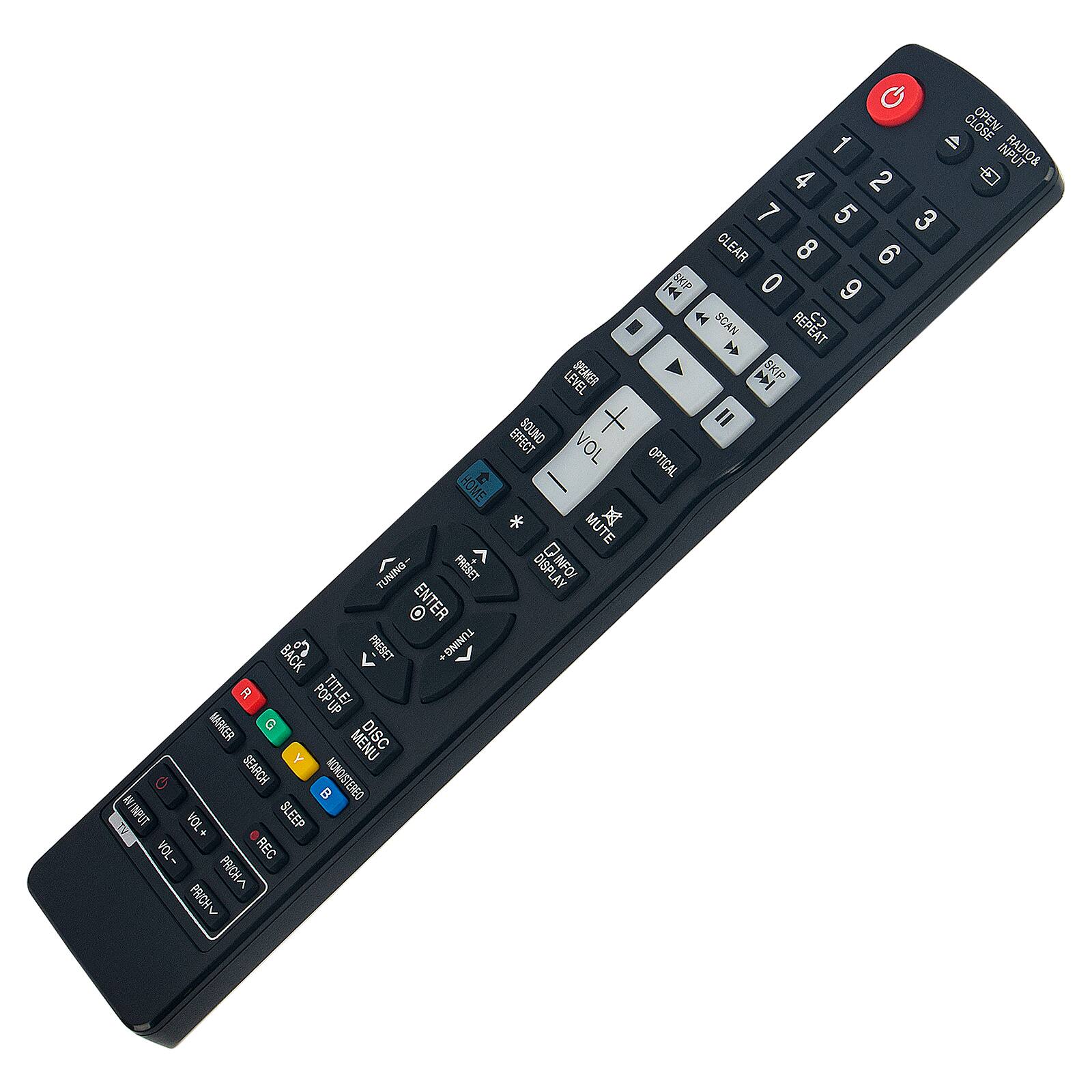 HOME TUNING- PRESET ENTER BACK e PRESET TUNING- R POPUP TITLE/ an MARKER D MENU DISC Y SEARCH MONOISTERED  WVNPUT +T0A SLEEP TV - REC MROHA PRCH  SPEMER EFFECT SOUND VOL | * MUTE x DISPLAY DINFO/ G CLOSE OPEN 1  - RADO& 4 2 7 5 3 CLEAR 8 6 W 0 9 44 SCAN CD REPEAT  4  SKIP = OFTICAL