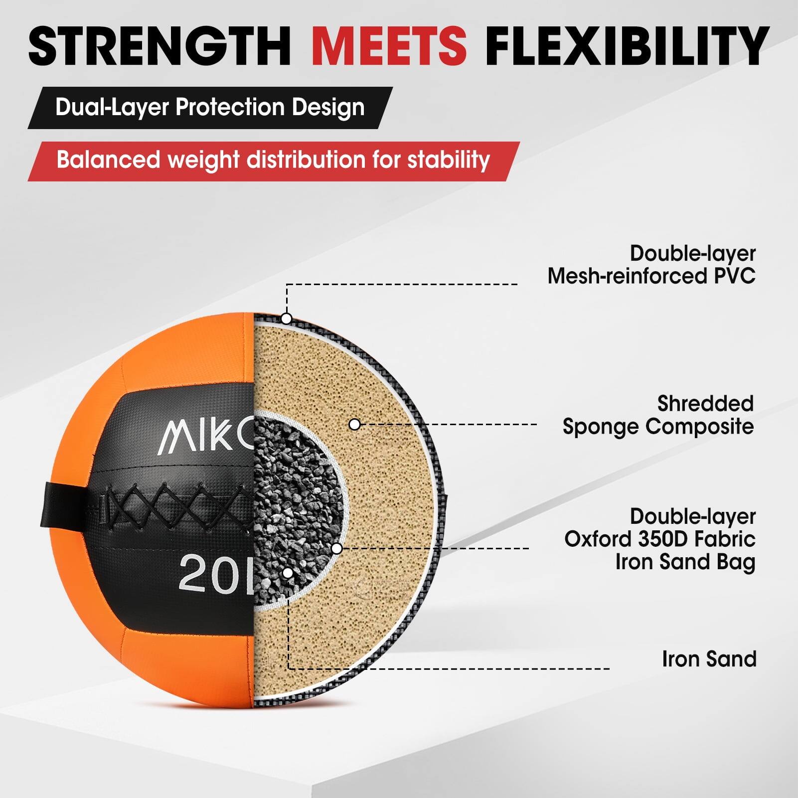 STRENGTH MEETS FLEXIBILITY

Dual-Layer Protection Design

Balanced weight distribution for stability

- Double-layer Mesh-reinforced PVC
- Shredded Sponge Composite
- Double-layer Oxford 350D Fabric Iron Sand Bag
- Iron Sand