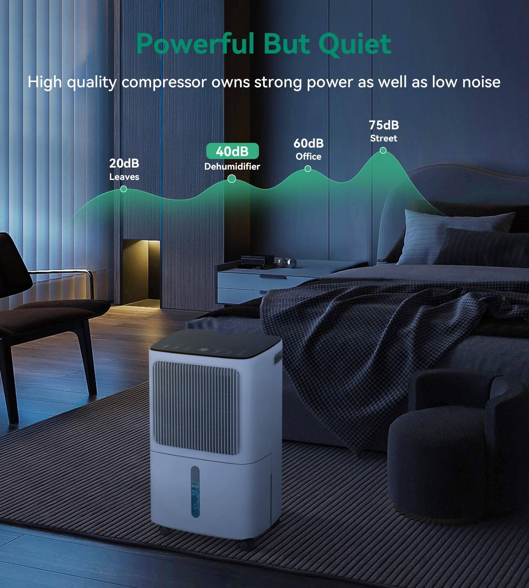 Powerful But Quiet

High quality compressor owns strong power as well as low noise

20dB Leaves  
40dB Dehumidifier  
60dB Office  
75dB Street