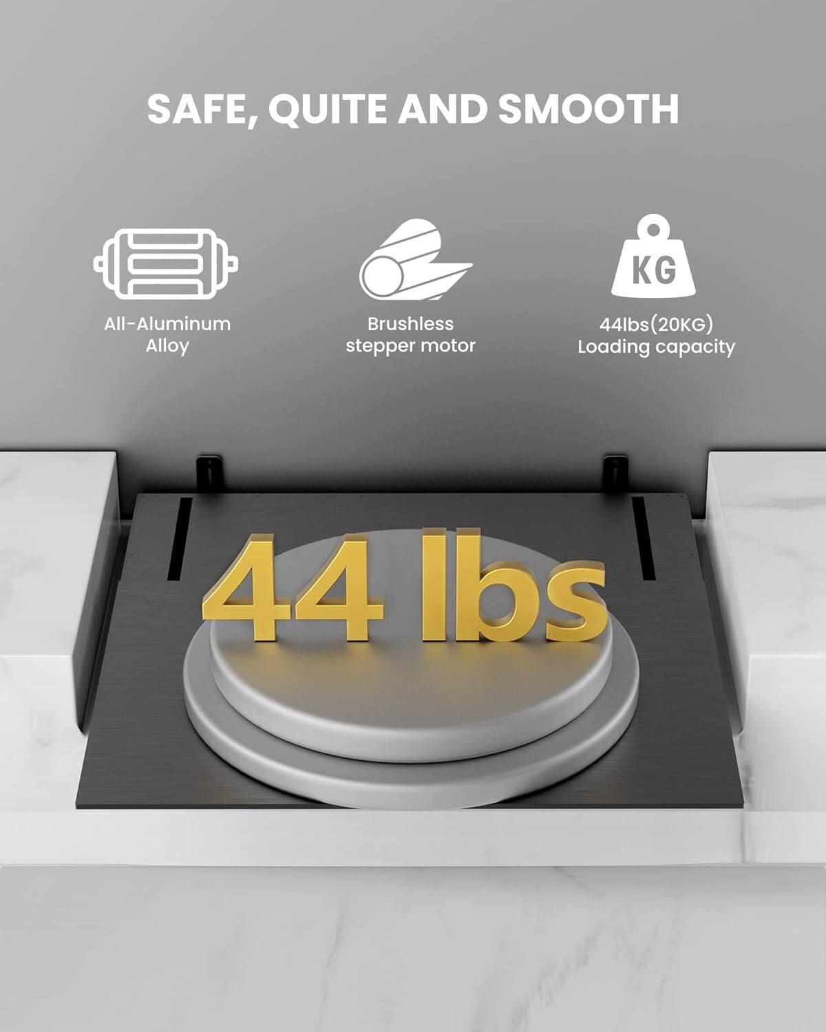 The text on the image is grouped and corrected as follows:

"SAFE, QUITE AND SMOOTH: KG All-Aluminum Alloy Brushless stepper motor 44lbs 44lbs(20KG) Loading capacity"