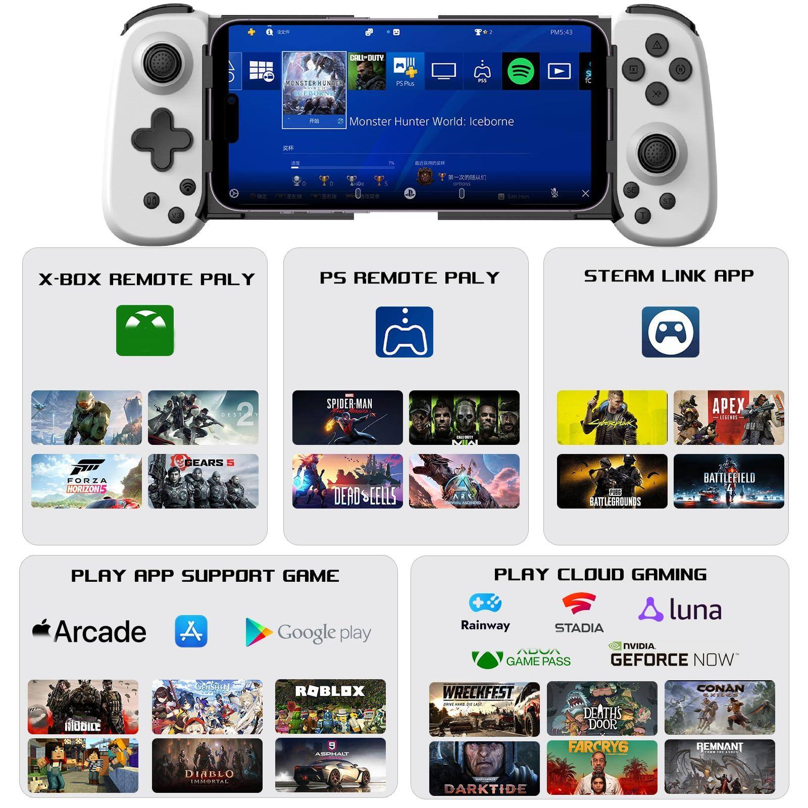 Sure, here is the corrected and grouped text from the image:

---

**X-BOX REMOTE PLAY**

- Monster Hunter World: Iceborne
- Spider-Man
- Forza Horizon 5
- Dead Cells
- Apex Legends
- Battlefield

**PS REMOTE PLAY**

- Monster Hunter World: Iceborne
- Spider-Man
- Forza Horizon 5
- Dead Cells
- Apex Legends
- Battlefield

**STEAM LINK APP**

- Monster Hunter World: Iceborne
- Spider-Man
- Forza Horizon 5
- Dead Cells
- Apex Legends
- Battlefield

**PLAY APP SUPPORT GAME**

- Arcade
- Google Play

**PLAY CLOUD GAMING**

- Rainway
- Stadia
- NVIDIA GeForce Now
- Xbox Game Pass

**Games Supported:**

- Monster Hunter World: Iceborne
- Spider-Man
- Forza Horizon 5
- Dead Cells
- Apex Legends
- Battlefield
- Wreckfest
- Death's Door
- Far Cry 6
- Conan Exiles
- Remnant: From the Ashes
- Diablo Immortal
- Darktide
- Roblox

---