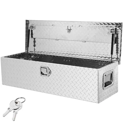 Front. VEVOR - Heavy Duty Aluminum Truck Bed Tool Box, Diamond Plate Tool Box with Side Handle and Lock Keys - Silver.