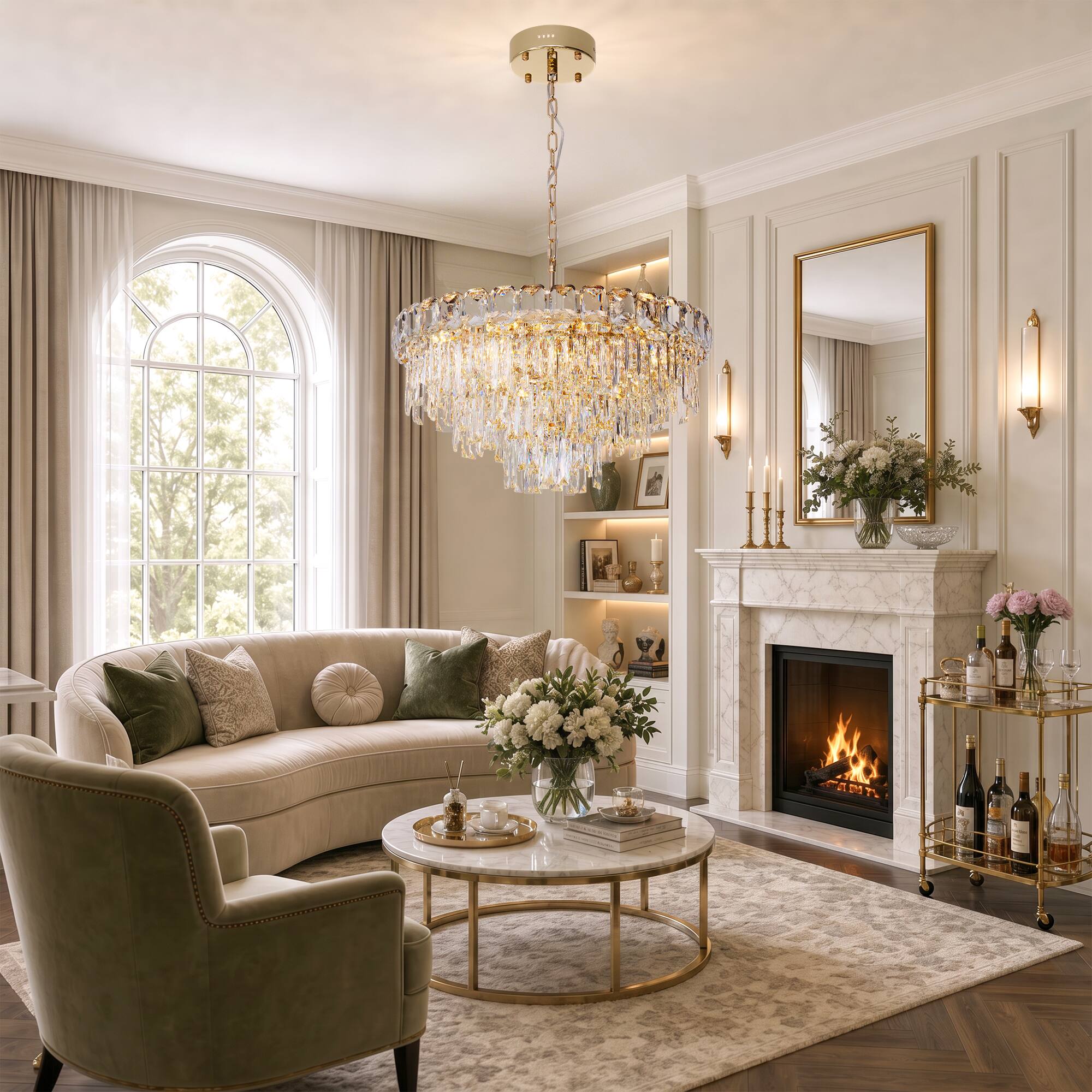 Back. Siljoy - 24 Inch Round Luxury Rose Gold Multi-Layer Crystal Chandelier, Ceiling Pendant Light for  Living Room and Foyer - Rose Gold.