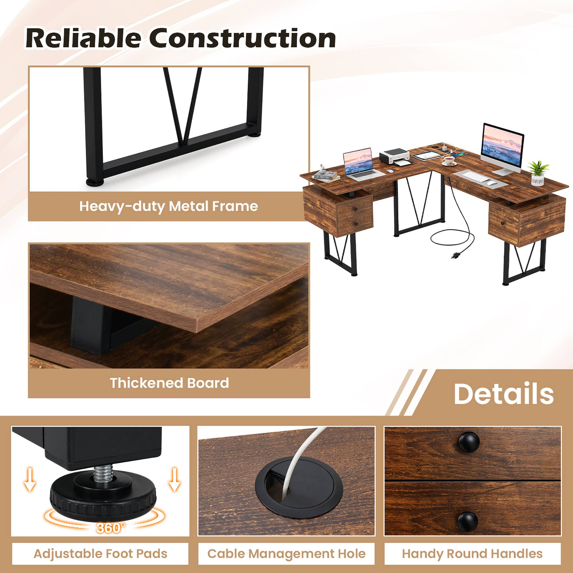 Reliable Construction

Heavy-duty Metal Frame

Thickened Board

Details

360° Adjustable Foot Pads

Cable Management Hole

Handy Round Handles