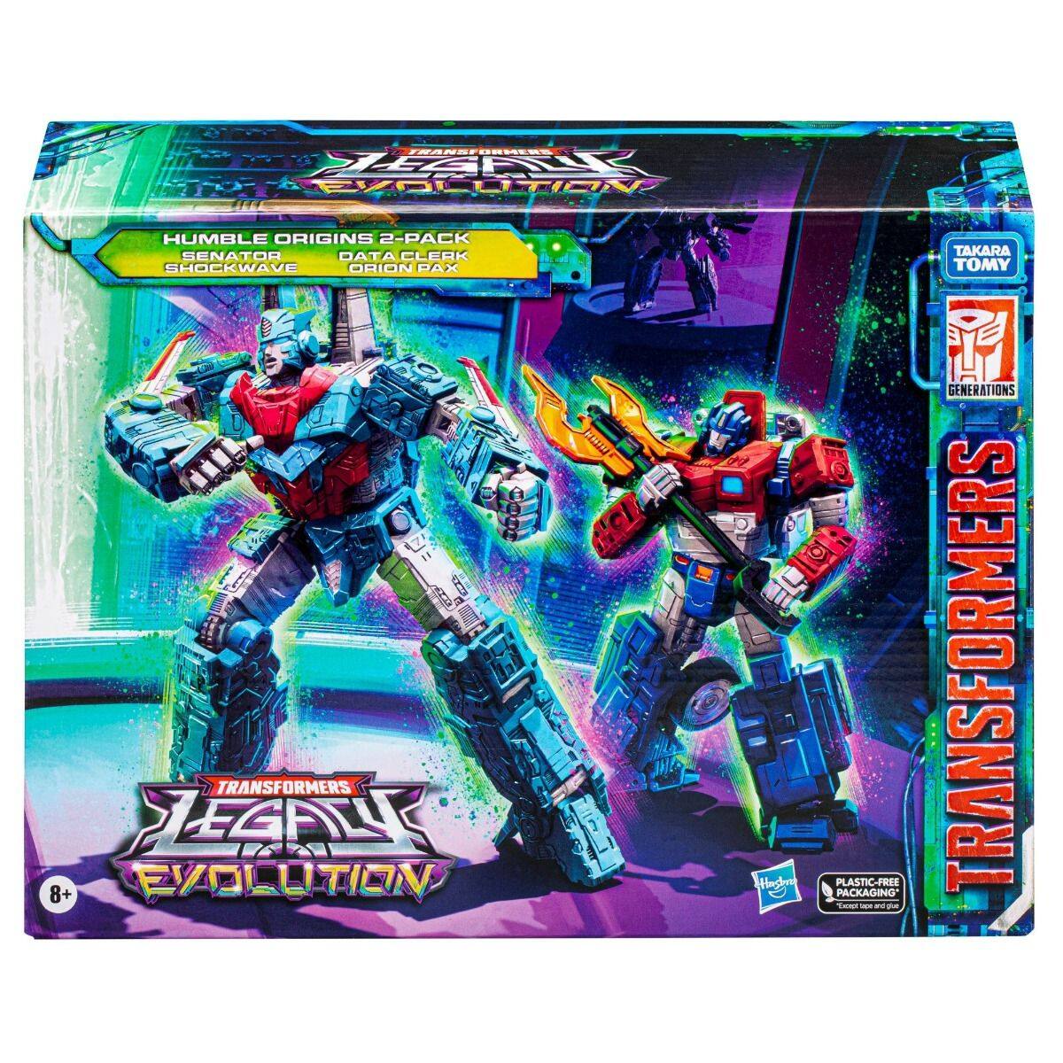 TRANSFORMERS LEGACY EVOLUTION  
HUMBLE ORIGINS 2-PACK  
SENATOR DATA CLERK SHOCKWAVE ORION PAX  

TRANSFORMERS LEGACY EVOLUTION  
8+  

TAKARA TOMY GENERATIONS  
PLASTIC-FREE PACKAGING  
8+